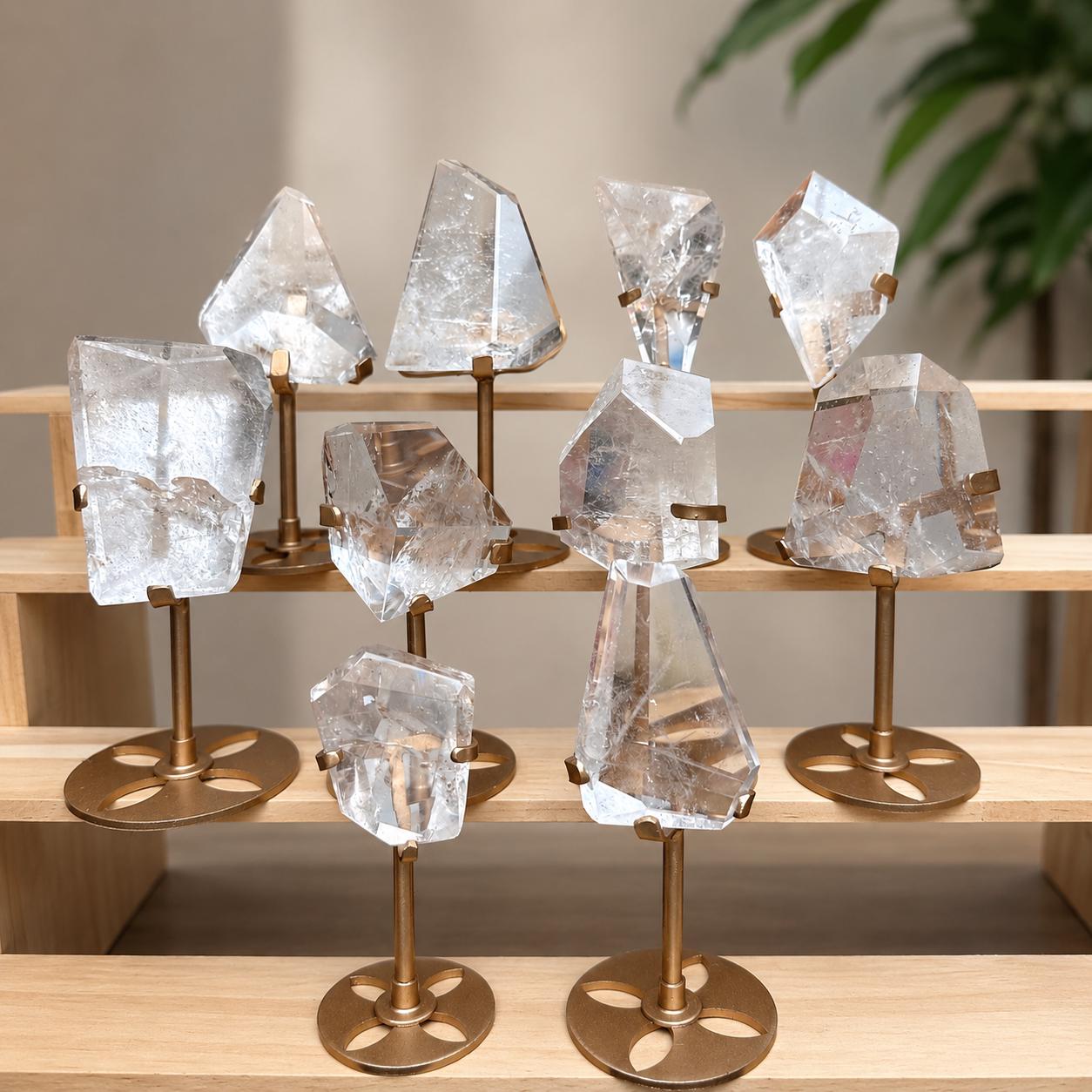 Transparent Clear Quartz Freeform on Gold Stand, Brazilian Crystal with Rainbow Flashes, Polished Modern Decor Pick Exact A-J