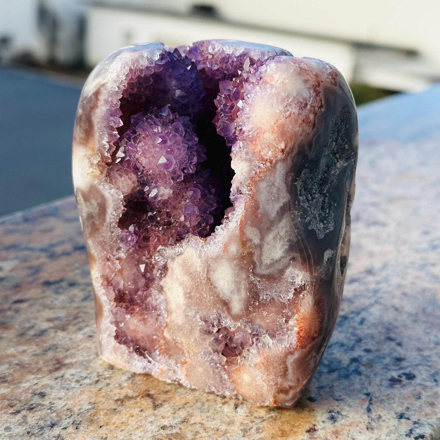 Natural Brazilian Pink Amethyst Geode, Polished Crystal Cave Display, Druzy Office Decor, One of a Kind Specimen - view 5