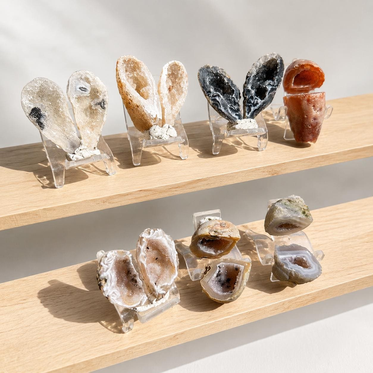 Mini Brazilian Agate Geode Pair, Cute Small Crystal Cave with Stand, Natural Agate Druzy Decor Gift