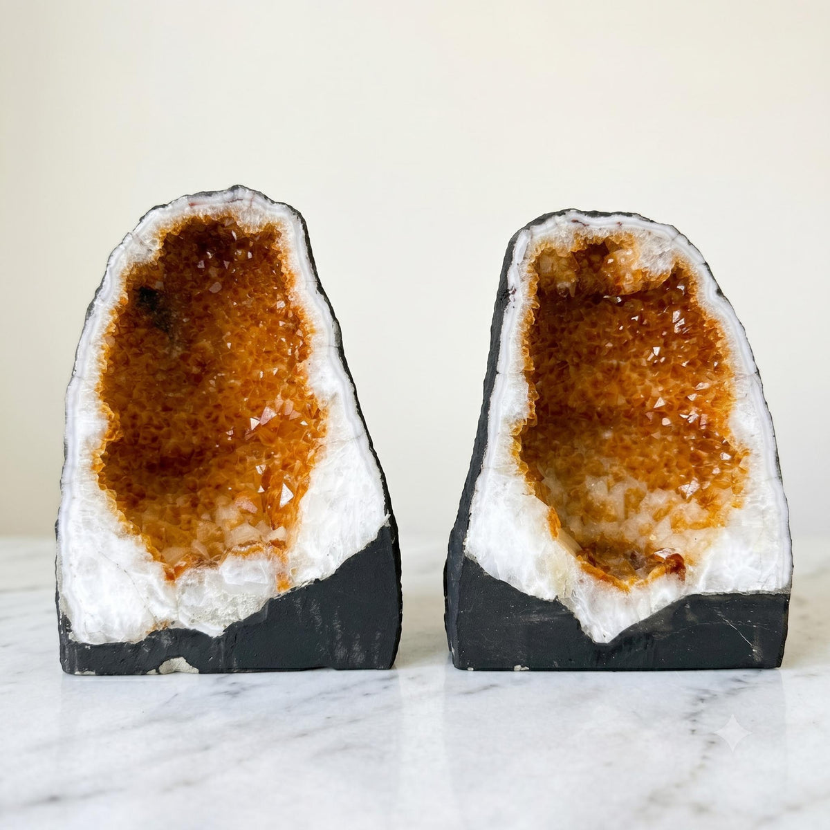 Large Yellow Citrine Geode Pair, Natural Crystal Cave Bookends, Golden Druzy Geode Display, One of a Kind Home Decor - view 1