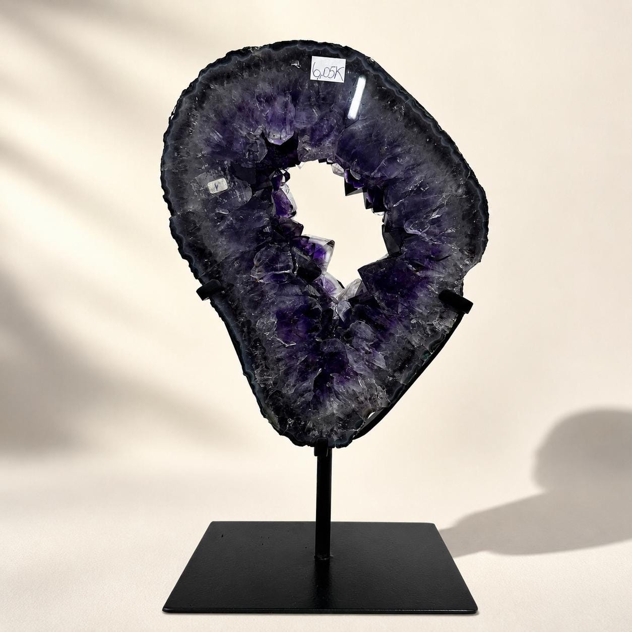Uruguayan Amethyst Geode Display, Natural Purple Crystal Hollow Center Specimen, Large Raw Amethyst Decor on Metal Stand, Exact Piece - view 2