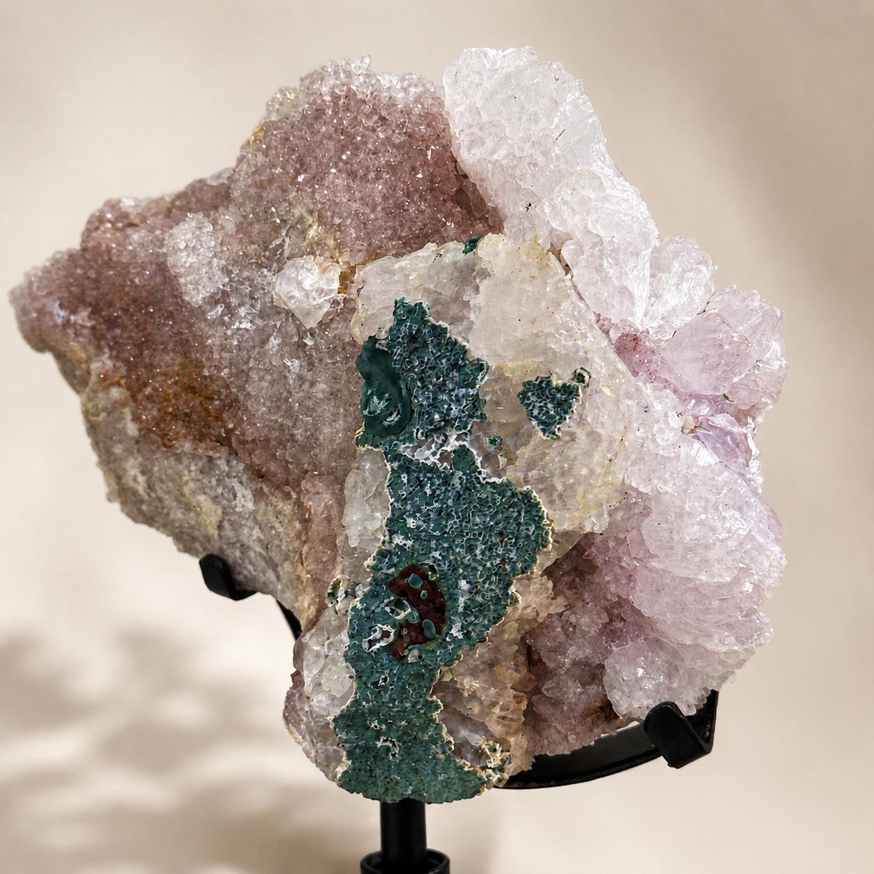 Brazilian Phantom Quartz & Pink Amethyst Display, Natural Crystal Mineral Specimen, Large Druzy Crystal Decor on Metal Stand, Exact Piece - view 5