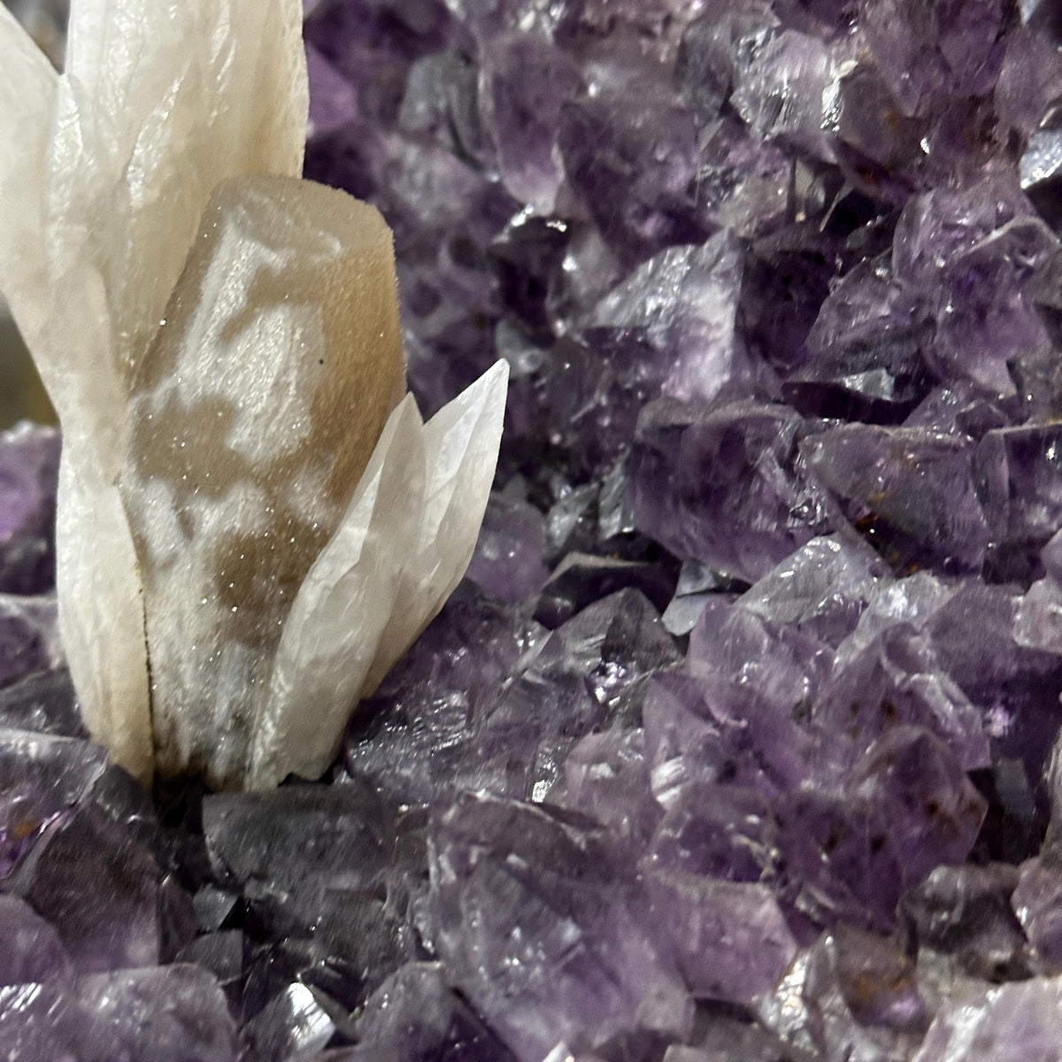 Brazilian Amethyst & Calcite Display, Natural Purple Amethyst Geode with White Calcite Crystal, Large Mineral Specimen on Metal Stand - view 2