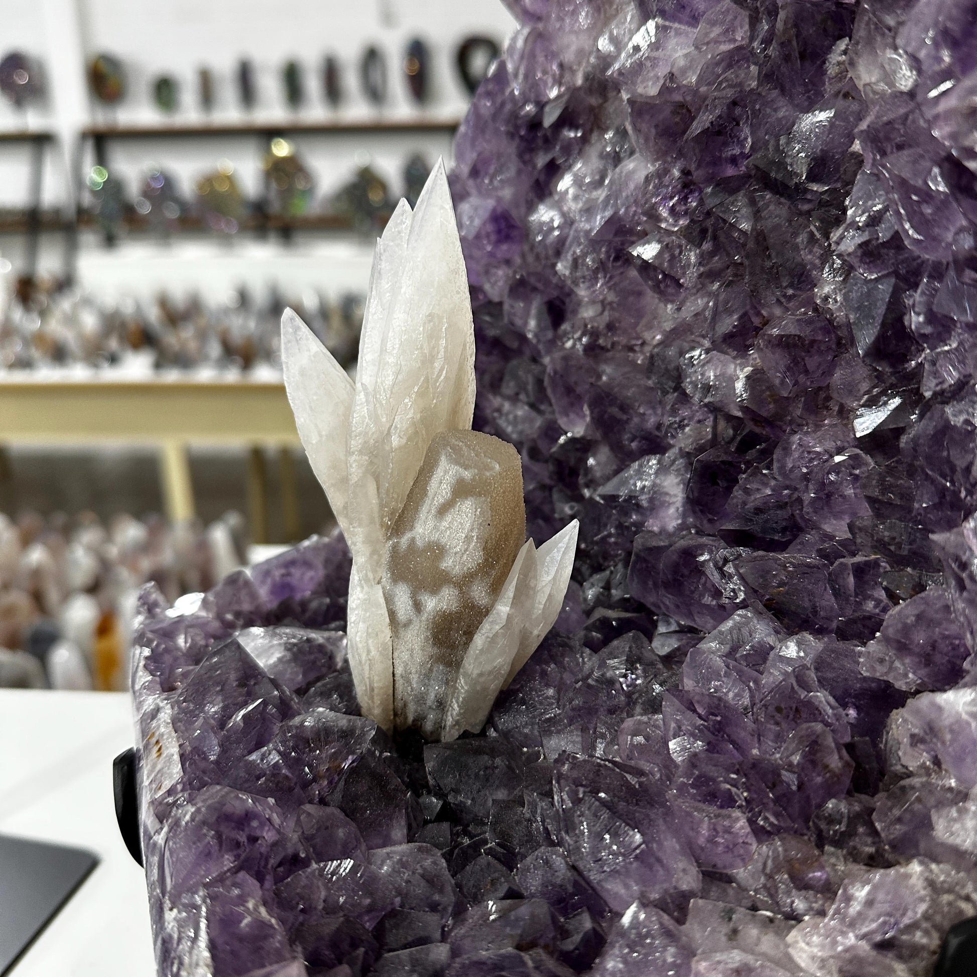 Brazilian Amethyst & Calcite Display, Natural Purple Amethyst Geode with White Calcite Crystal, Large Mineral Specimen on Metal Stand - view 5