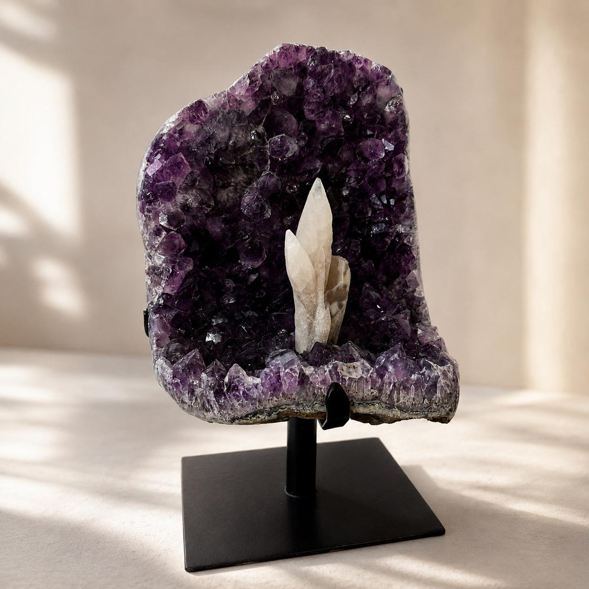 Brazilian Amethyst & Calcite Display, Natural Purple Amethyst Geode with White Calcite Crystal, Large Mineral Specimen on Metal Stand - view 1
