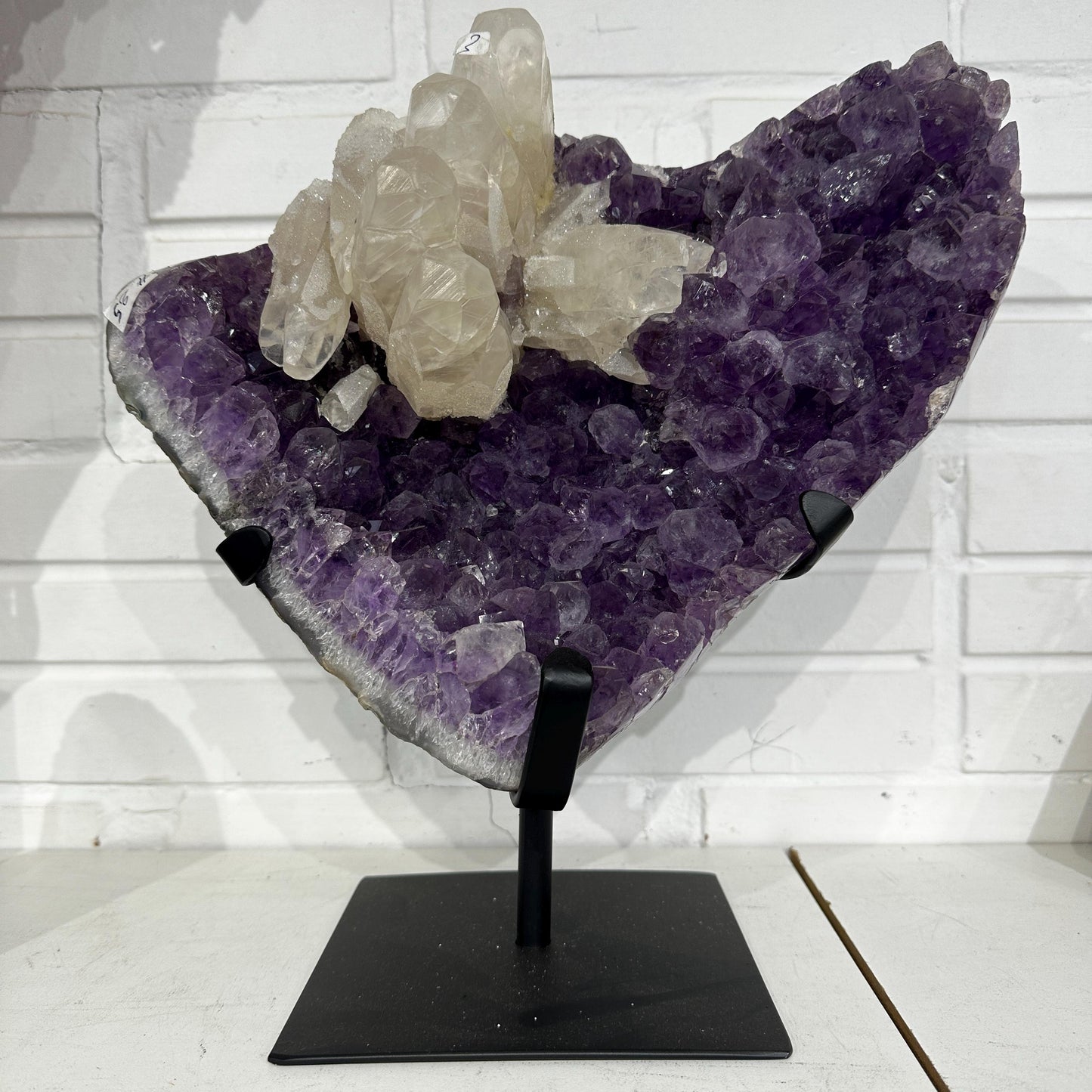 High Quality Brazilian Amethyst with Calcite on Stand, Deep Purple Druzy Geode, FedEx Direct from Brazil