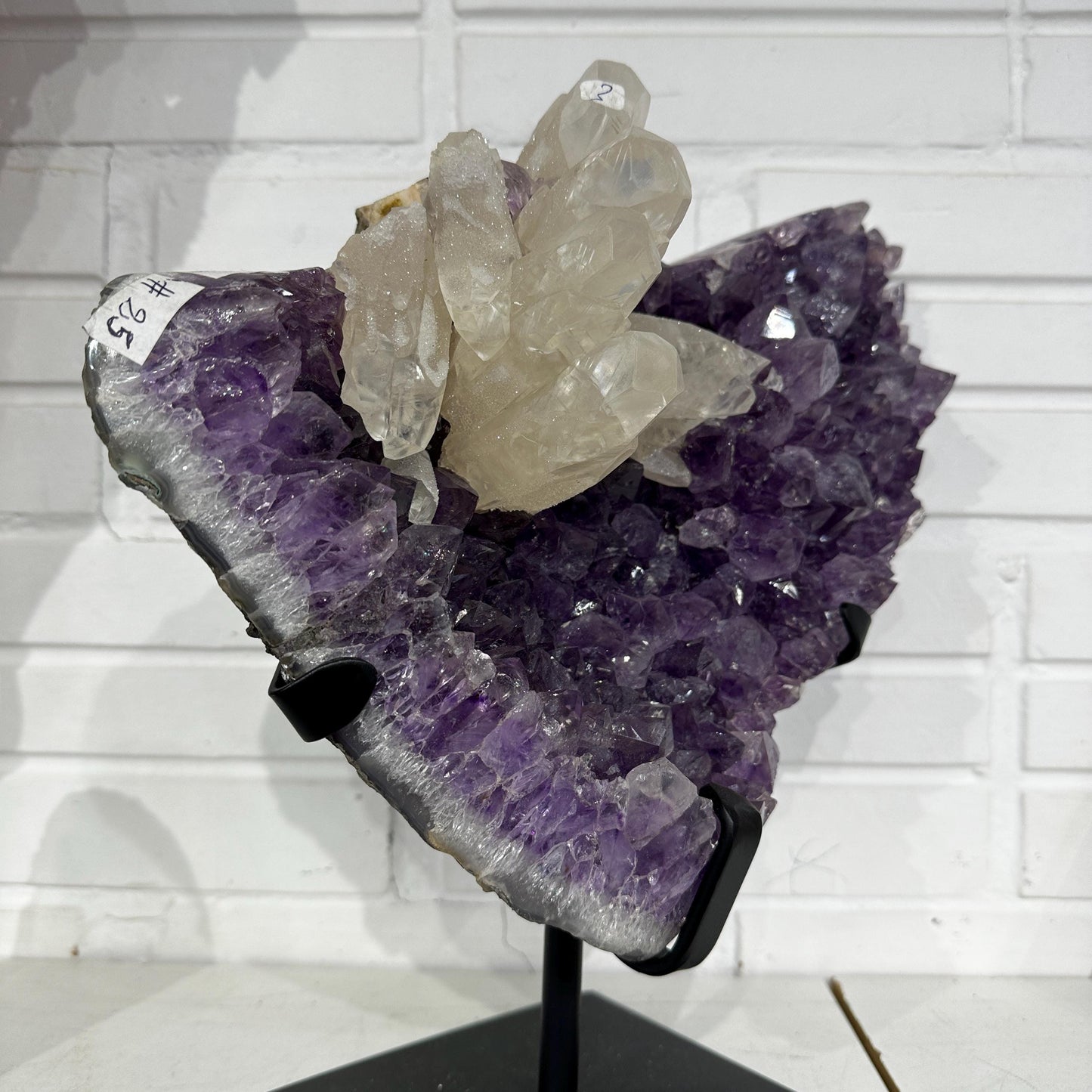 High Quality Brazilian Amethyst with Calcite on Stand, Deep Purple Druzy Geode, FedEx Direct from Brazil