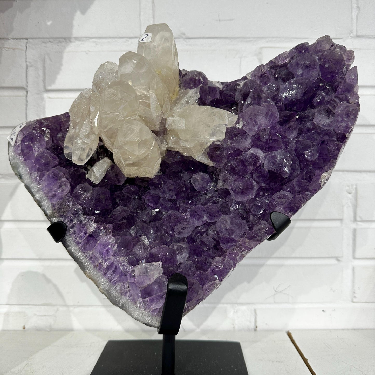 High Quality Brazilian Amethyst with Calcite on Stand, Deep Purple Druzy Geode, FedEx Direct from Brazil