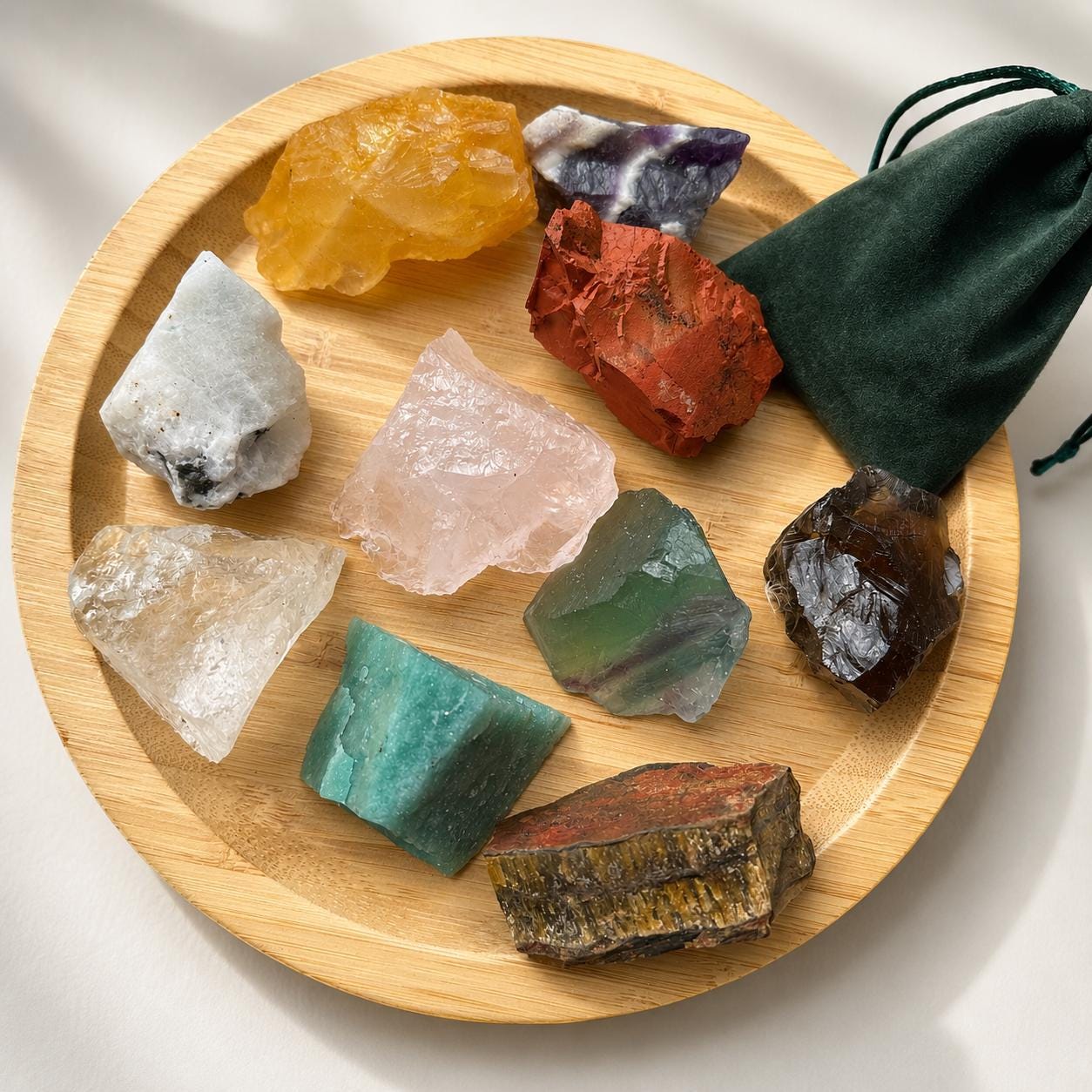 Large Beginner Crystal Kit, 10 Raw Crystals Set, Natural Mixed Stone Collection with Bamboo Tray, 1kg Crystal Gift Set