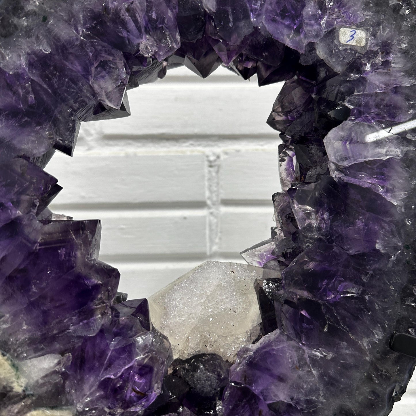 Brazilian Amethyst Ring Slice with Calcite on Stand, Purple Crystal Display Specimen, FedEx Direct from Brazil