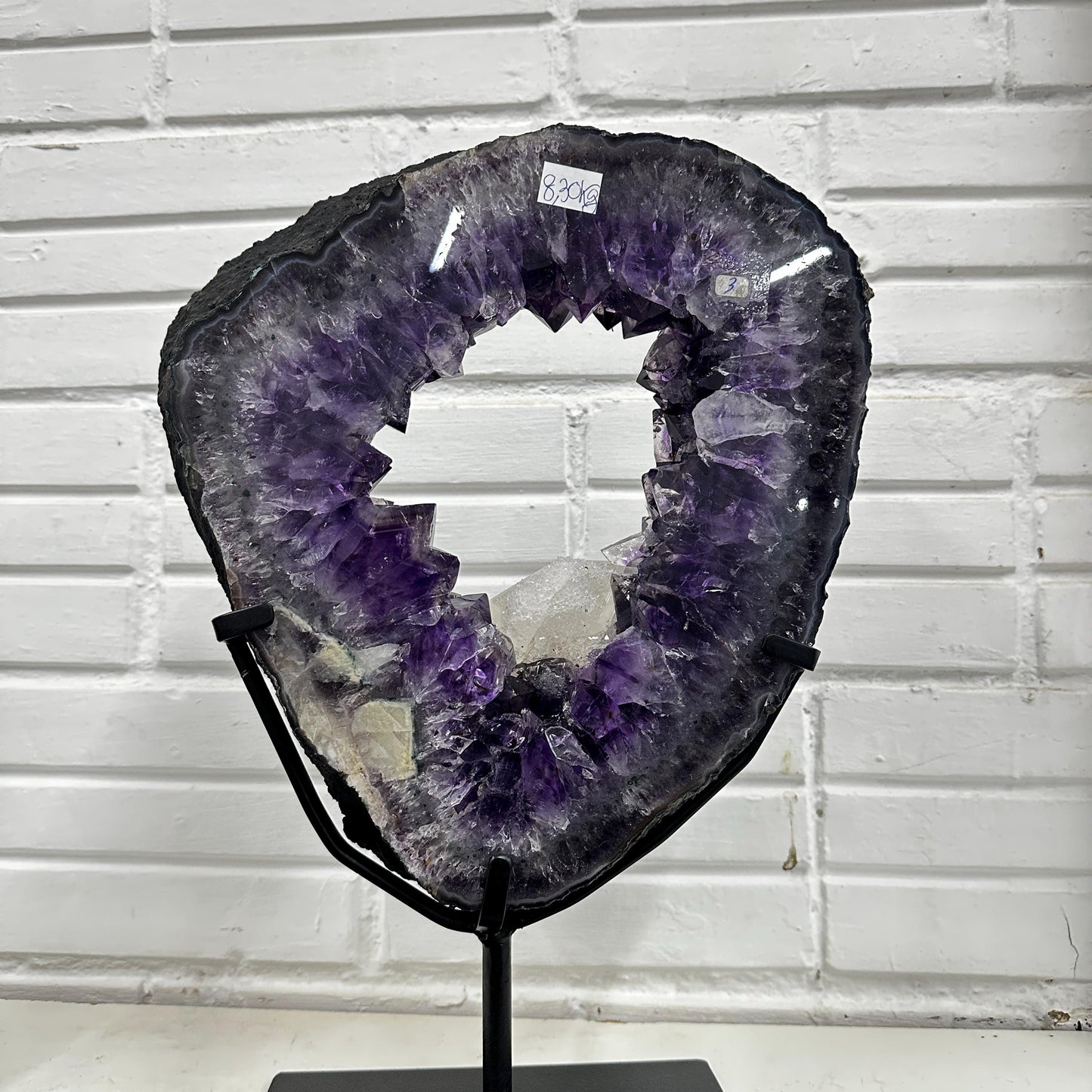 Brazilian Amethyst Ring Slice with Calcite on Stand, Purple Crystal Display Specimen, FedEx Direct from Brazil - view 8