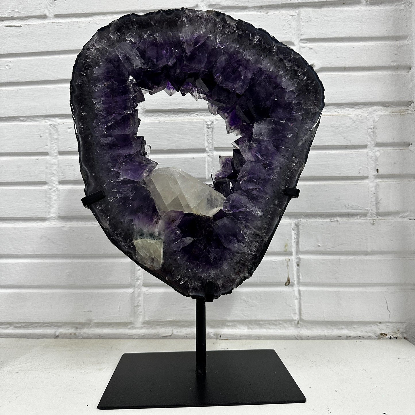 Brazilian Amethyst Ring Slice with Calcite on Stand, Purple Crystal Display Specimen, FedEx Direct from Brazil