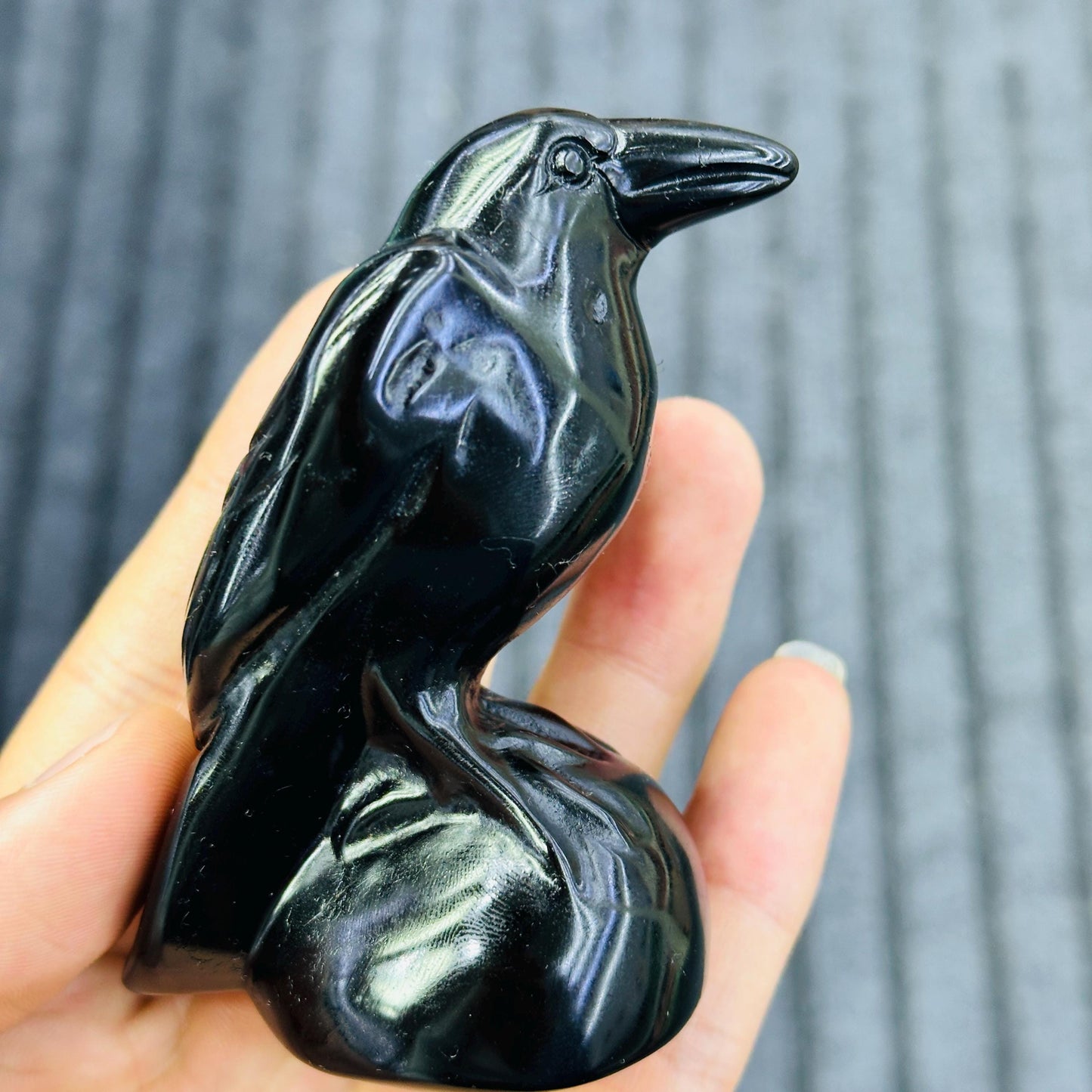 Black Obsidian Crow Carving, Natural Crystal Raven Bird Statue, Gothic Witchy Crystal Decor Gift
