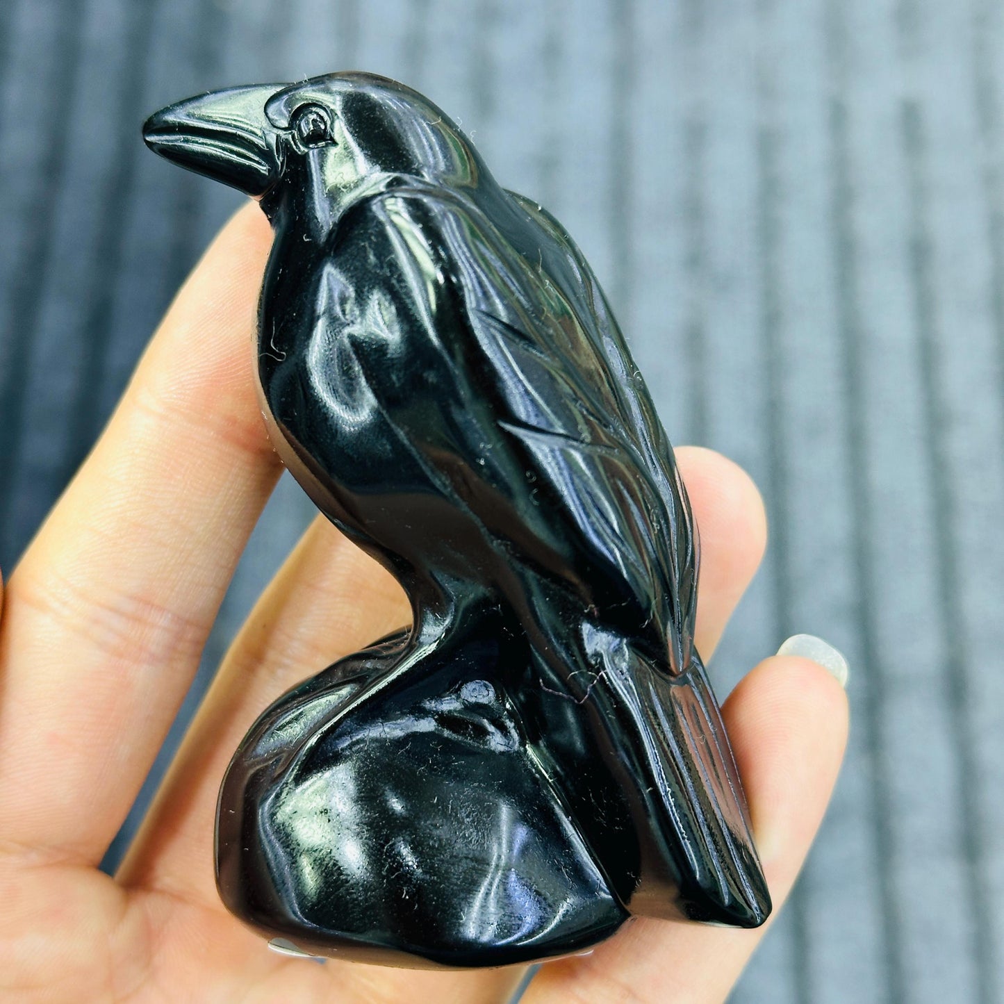 Black Obsidian Crow Carving, Natural Crystal Raven Bird Statue, Gothic Witchy Crystal Decor Gift