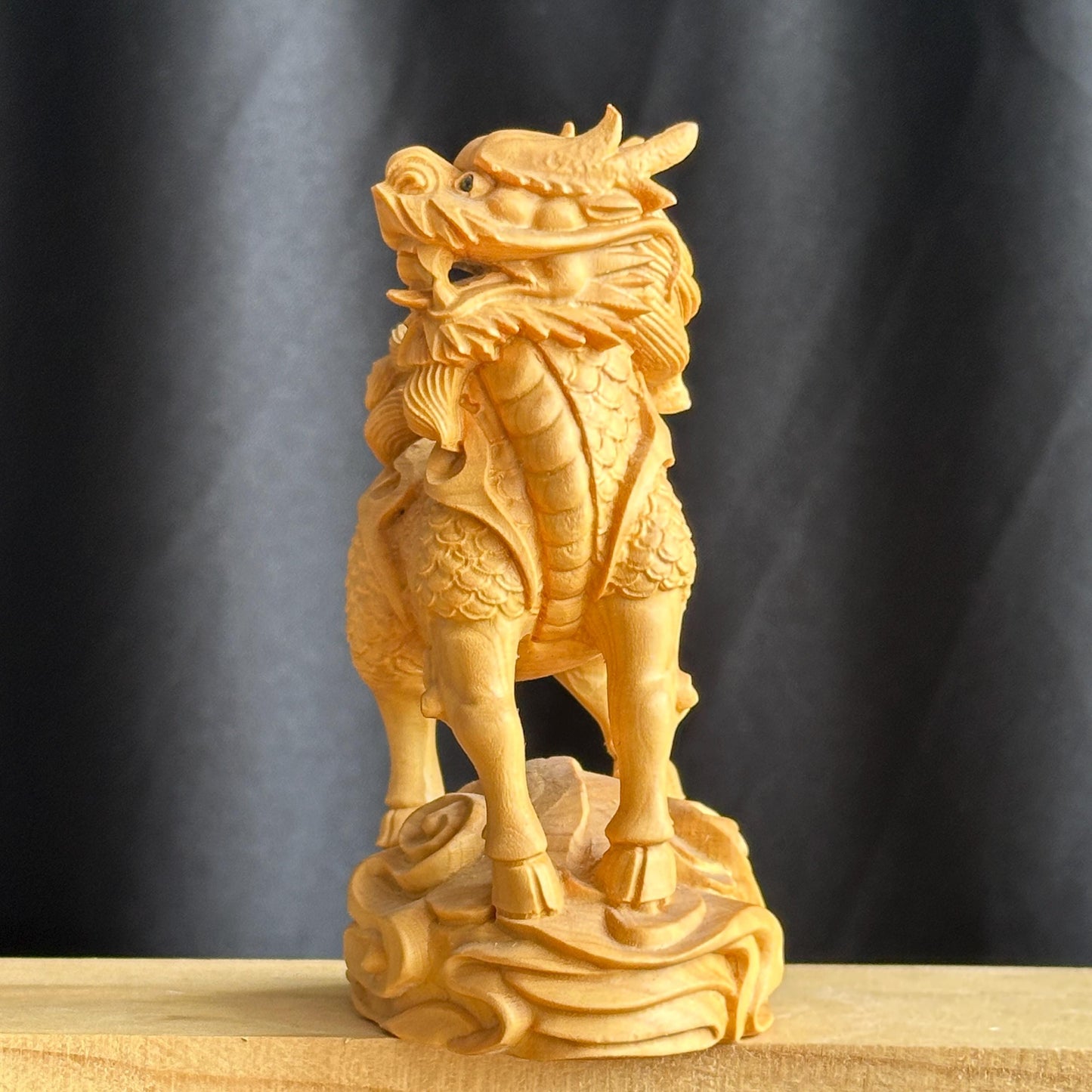 Thuja Wood Qilin Carving, Hand Carved Wooden Kirin Statue, Feng Shui Good Luck Asian Decor Gift