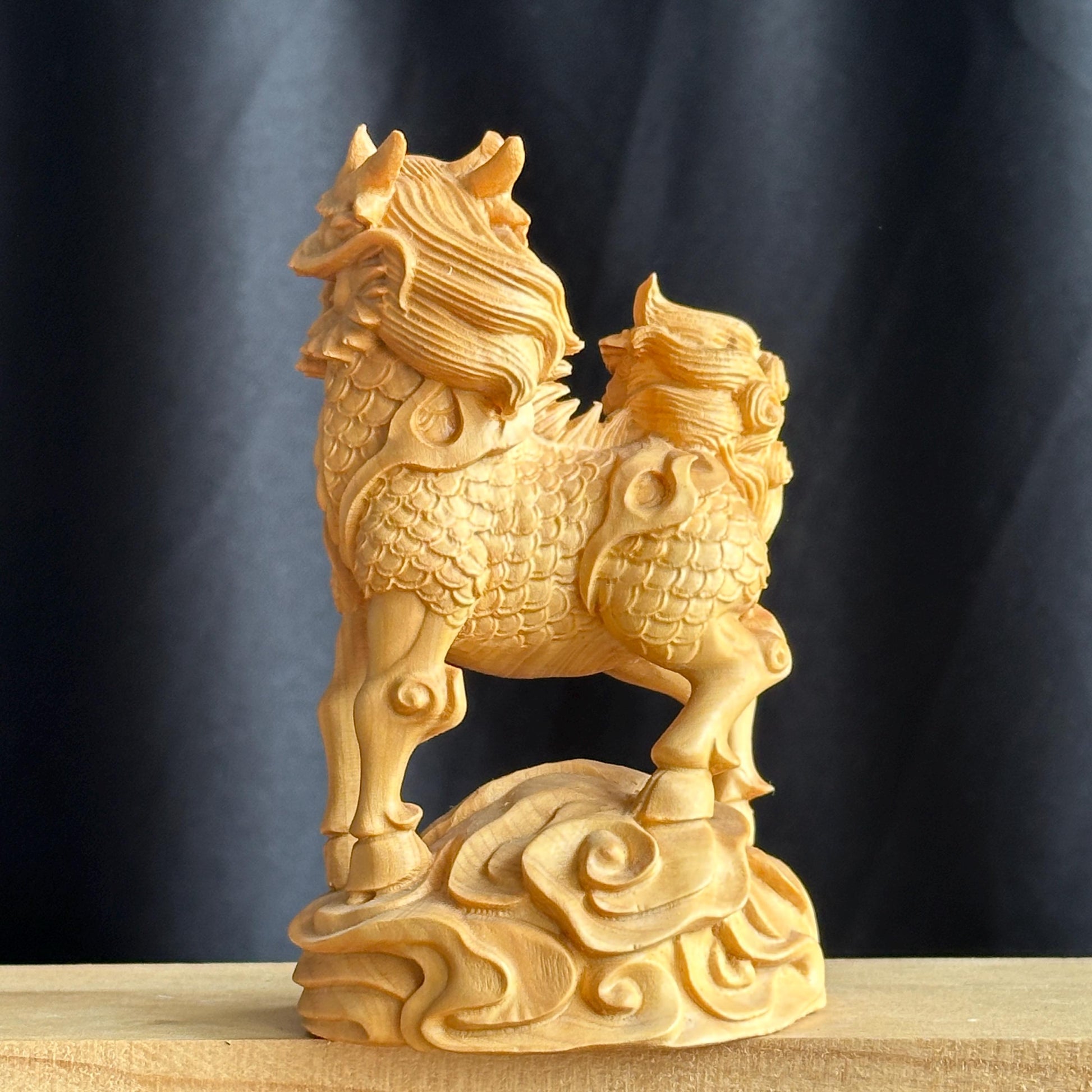 Thuja Wood Qilin Carving, Hand Carved Wooden Kirin Statue, Feng Shui Good Luck Asian Decor Gift - view 7