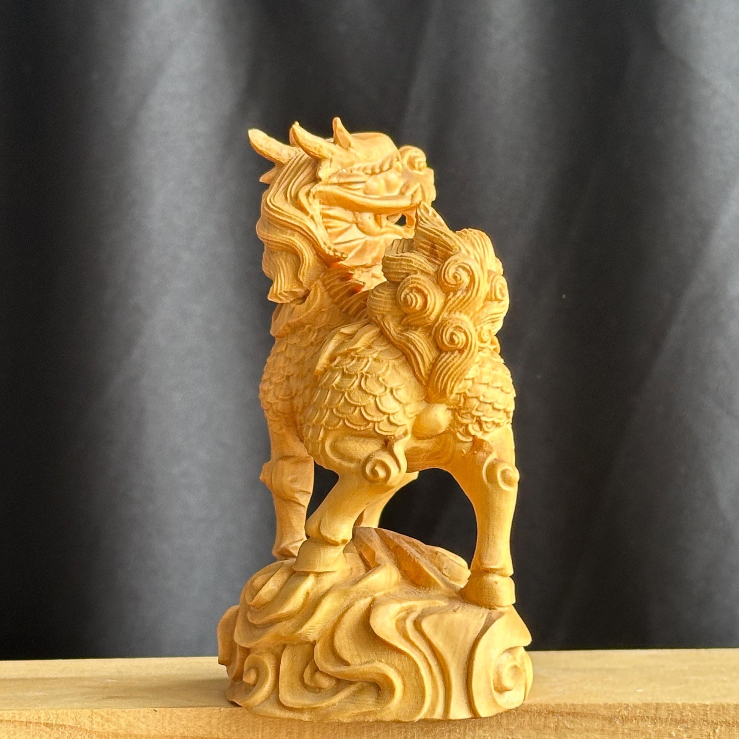 Thuja Wood Qilin Carving, Hand Carved Wooden Kirin Statue, Feng Shui Good Luck Asian Decor Gift