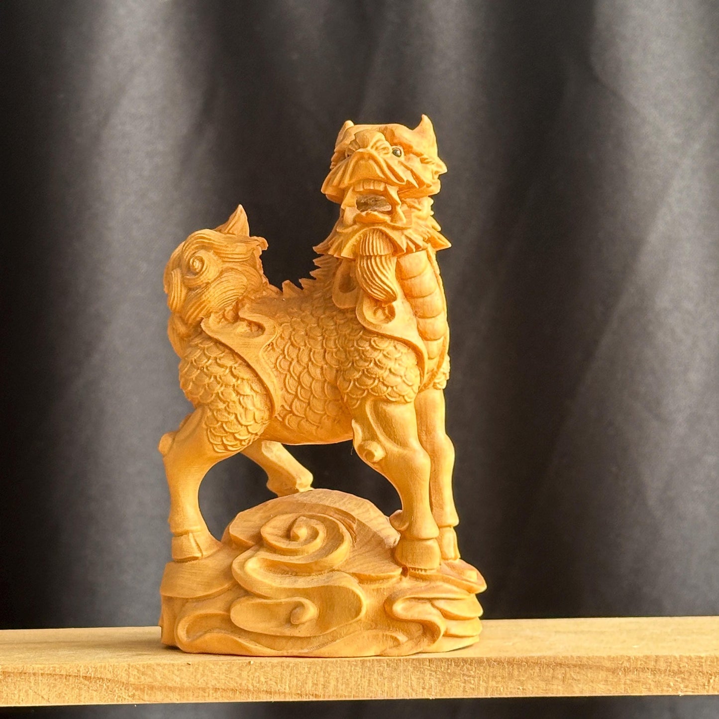 Thuja Wood Qilin Carving, Hand Carved Wooden Kirin Statue, Feng Shui Good Luck Asian Decor Gift