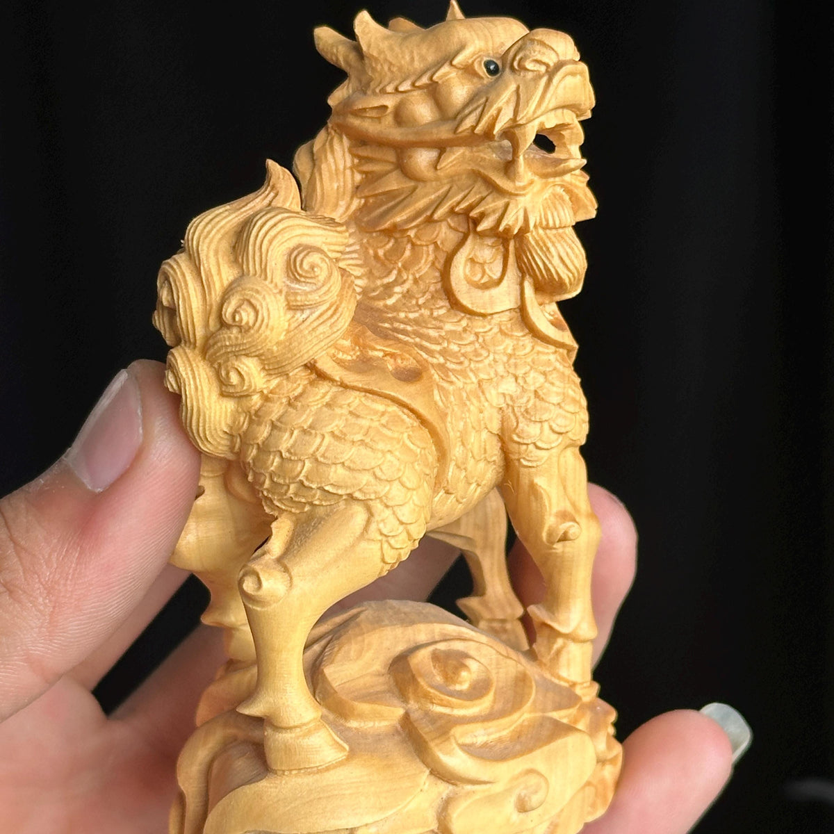 Thuja Wood Qilin Carving, Hand Carved Wooden Kirin Statue, Feng Shui Good Luck Asian Decor Gift - view 6