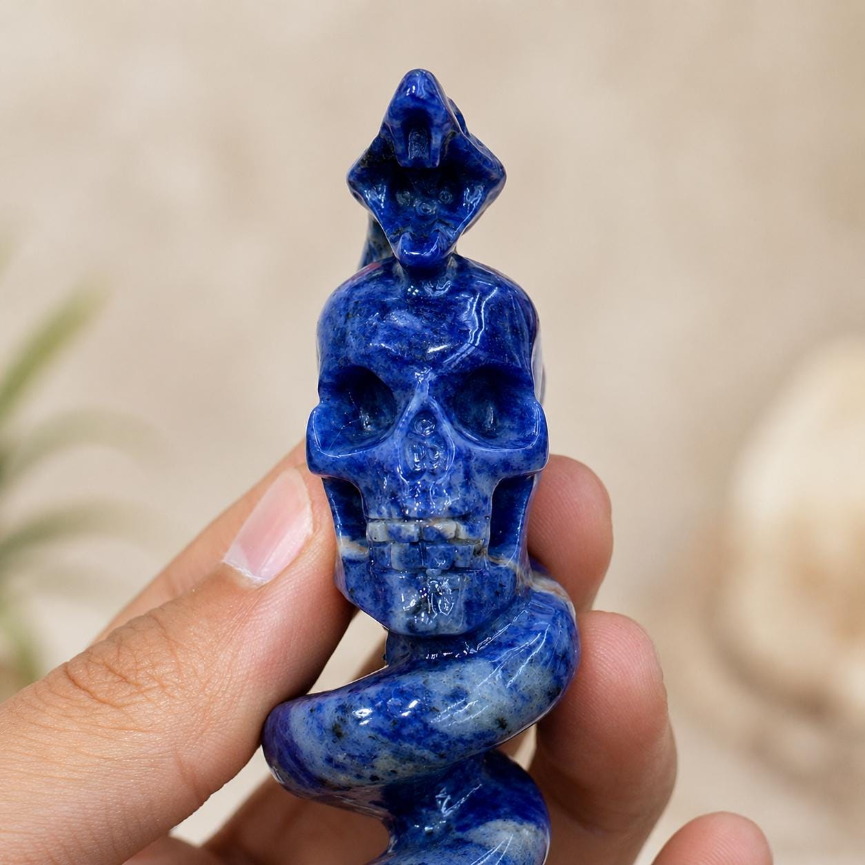 Crystal Skull Snake Carving, Lapis Lazuli Strawberry Quartz Rose Quartz Chalcopyrite Skull Serpent Statue Gift