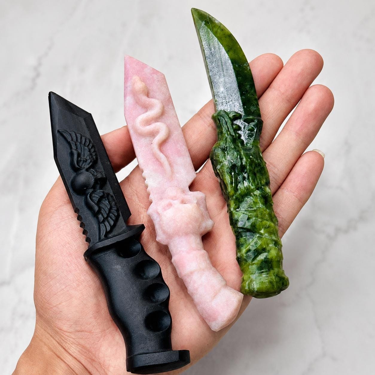 Decorative Crystal Dagger Carving, Pink Opal Xiuyan Jade Black Obsidian Crystal Blade, Fantasy Altar Decor Gift