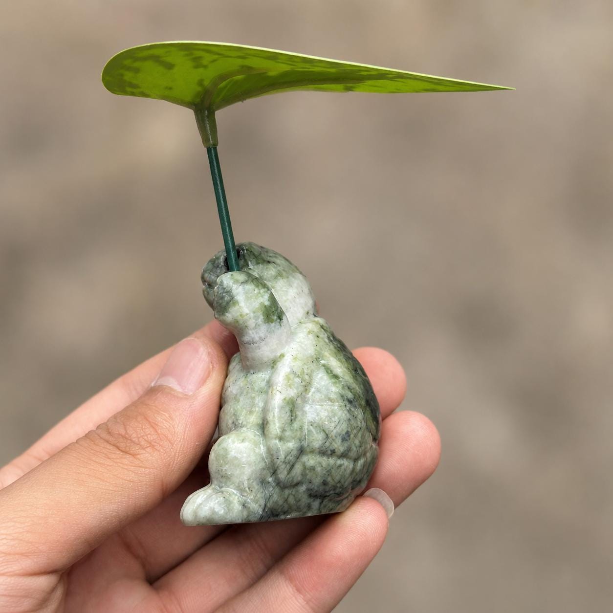 Cute Xiuyan Jade Turtle with Leaf Carving, Serpentine Jade Turtle Figurine, Small Crystal Animal Gift