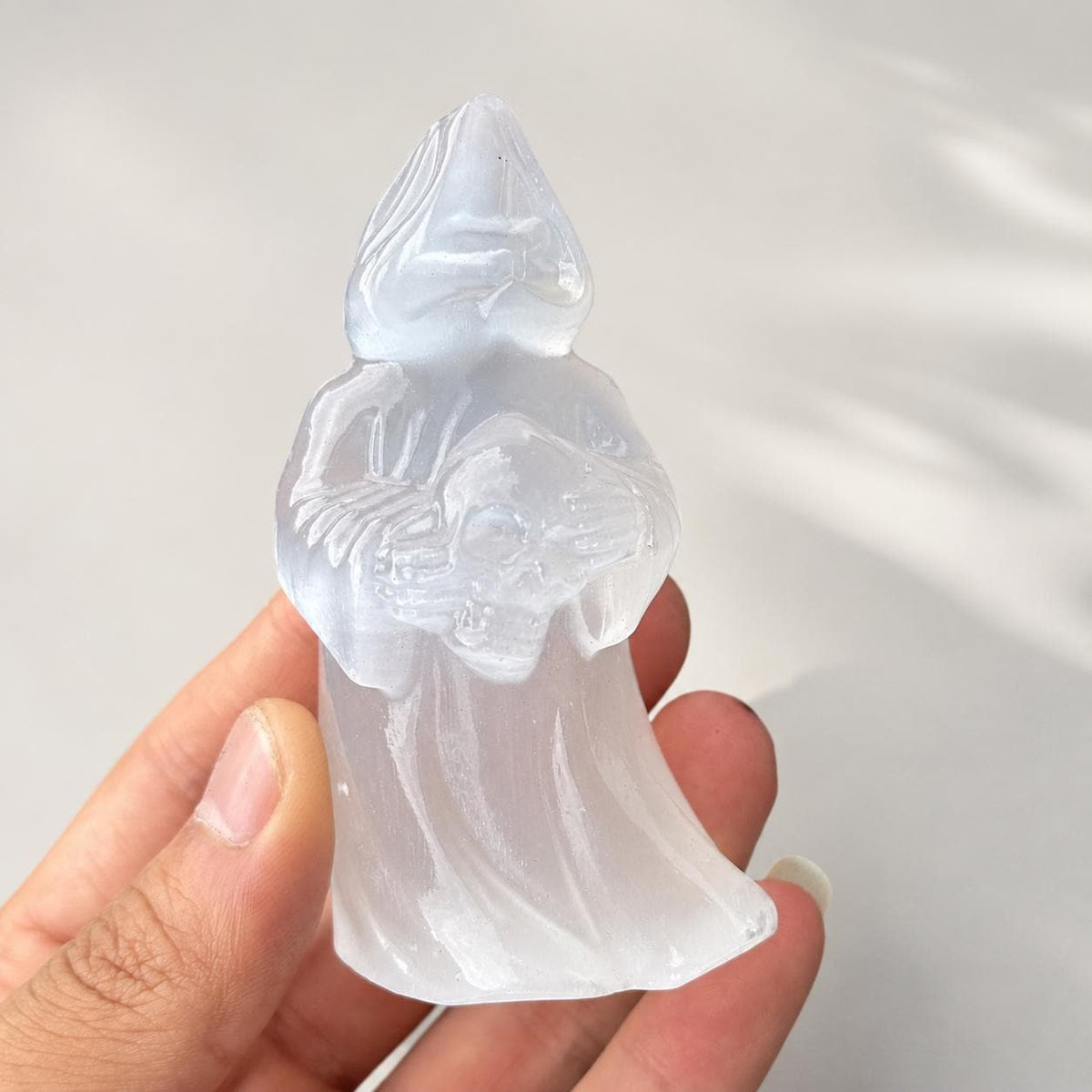 Transparent Gypsum Grim Reaper Carving, Selenite Style Death Figure Statue, Gothic Halloween Crystal Decor Gift - view 4