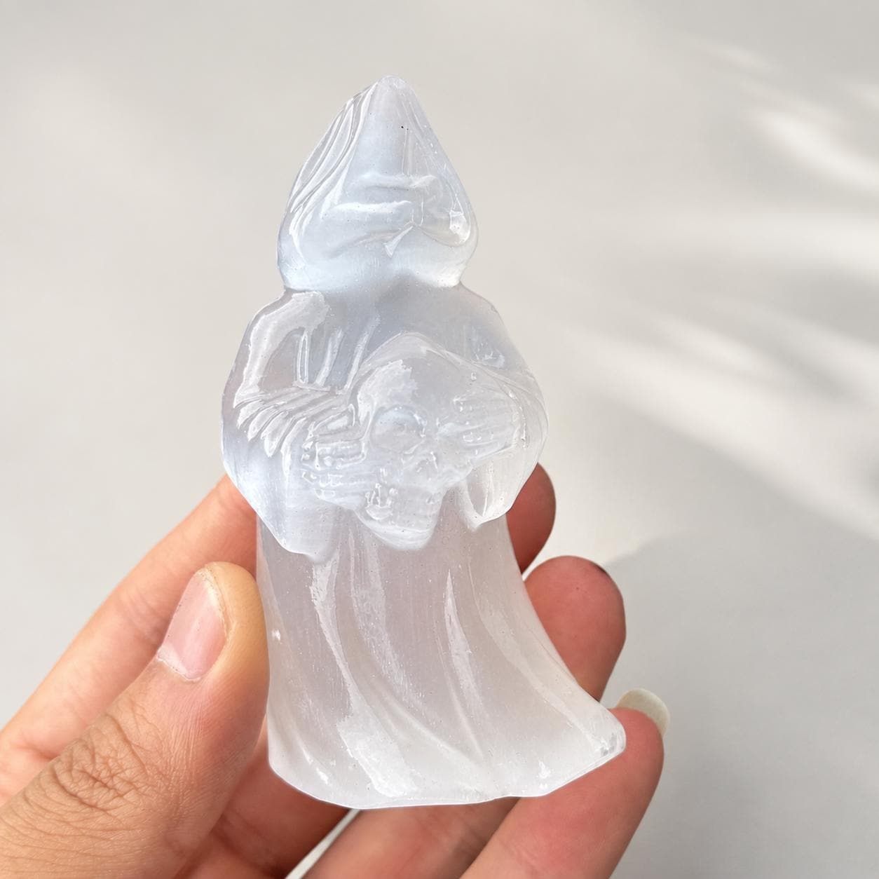 Transparent Gypsum Grim Reaper Carving, Selenite Style Death Figure Statue, Gothic Halloween Crystal Decor Gift - view 4