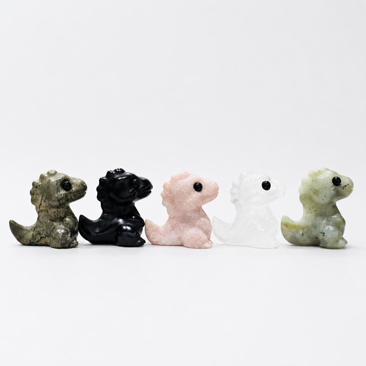 Cute Crystal Dinosaur Carving, Pink Opal Obsidian Clear Quartz Labradorite Chalcopyrite Mini Dino Figurine Gift