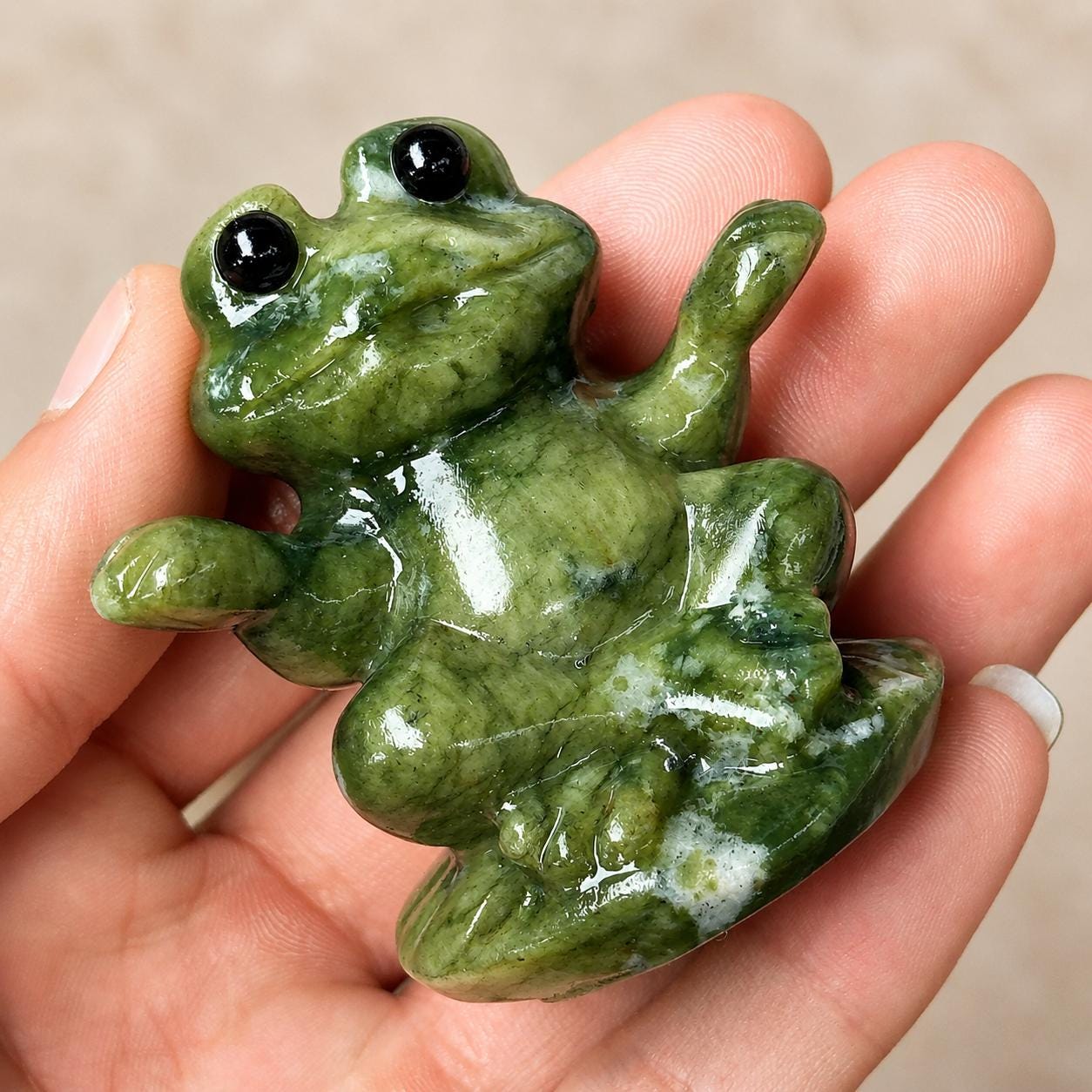 Cute Xiuyan Jade Frog Carving, Serpentine Jade Mini Frog Figurine, Small Crystal Animal Gift, Desk Deco - view 10