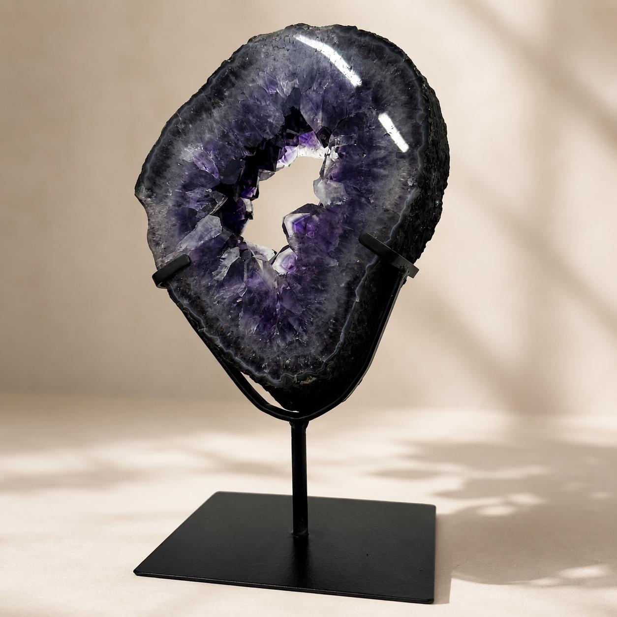 Uruguayan Amethyst Geode Display, Natural Purple Crystal Hollow Center Specimen, Large Raw Amethyst Decor on Metal Stand, Exact Piece - view 1