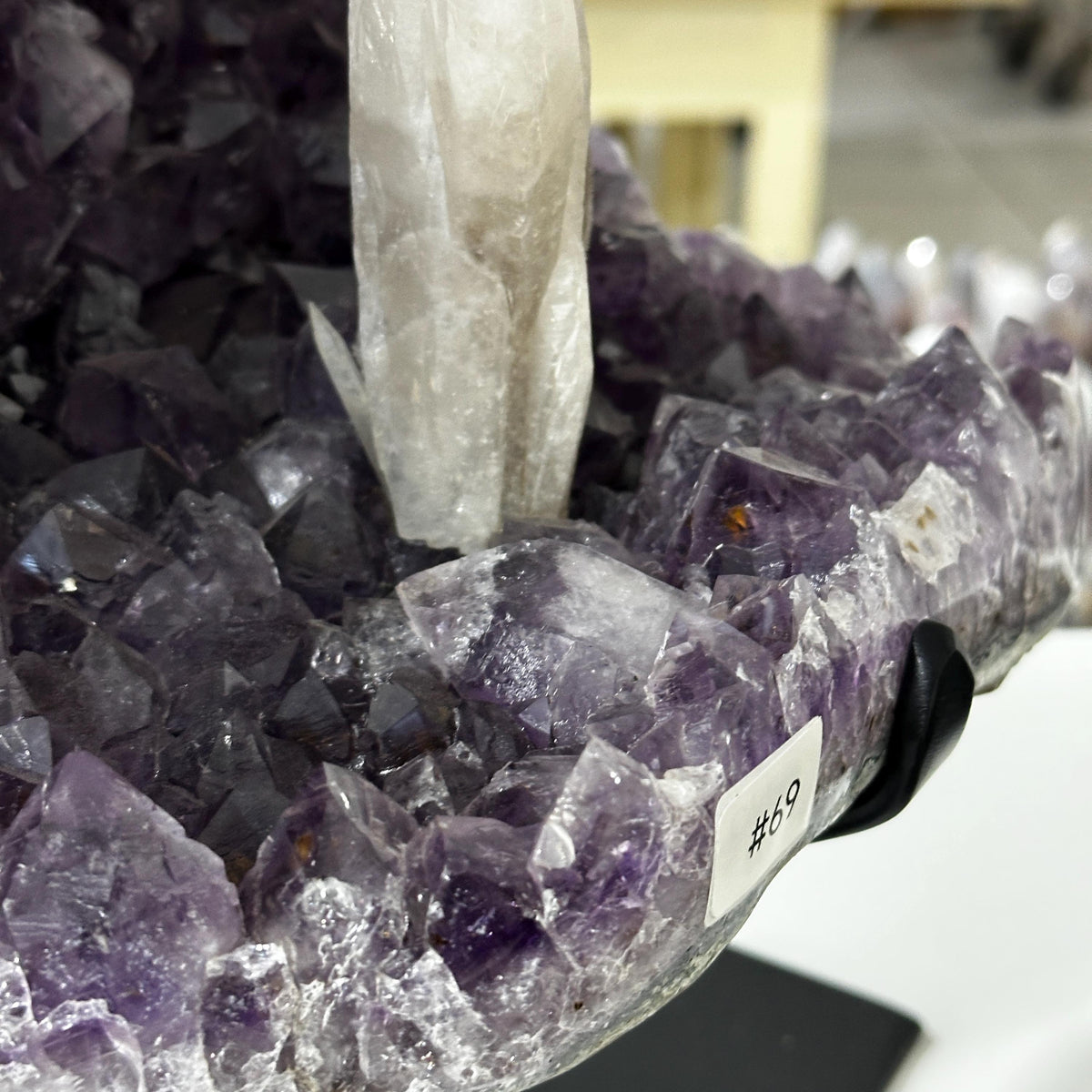 Brazilian Amethyst & Calcite Display, Natural Purple Amethyst Geode with White Calcite Crystal, Large Mineral Specimen on Metal Stand - view 3