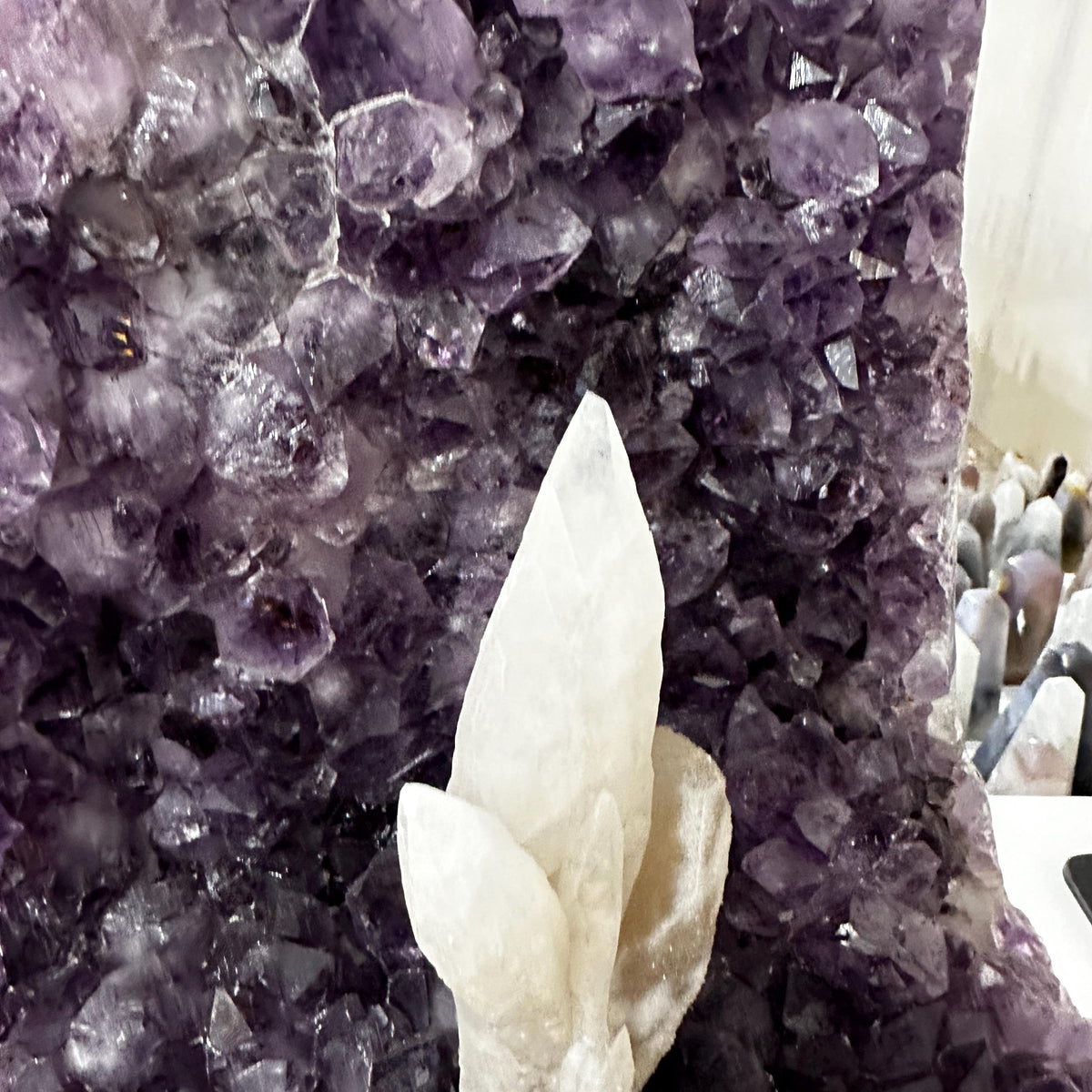 Brazilian Amethyst & Calcite Display, Natural Purple Amethyst Geode with White Calcite Crystal, Large Mineral Specimen on Metal Stand - view 4