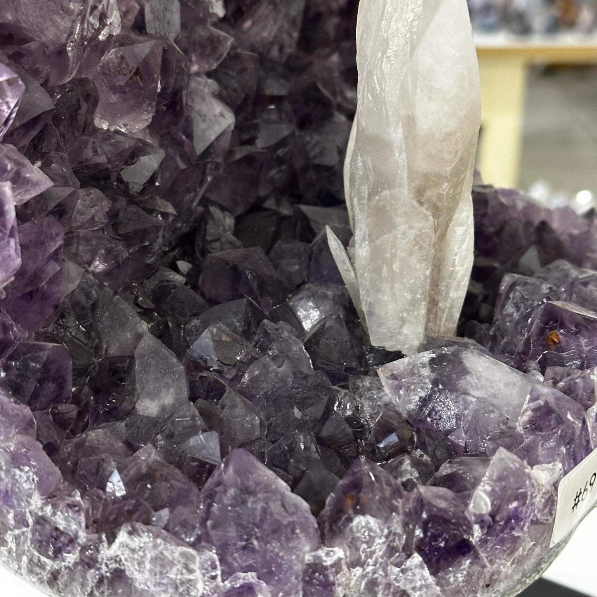 Brazilian Amethyst & Calcite Display, Natural Purple Amethyst Geode with White Calcite Crystal, Large Mineral Specimen on Metal Stand - view 7