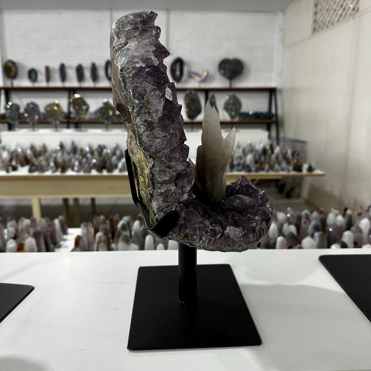 Brazilian Amethyst & Calcite Display, Natural Purple Amethyst Geode with White Calcite Crystal, Large Mineral Specimen on Metal Stand - view 6
