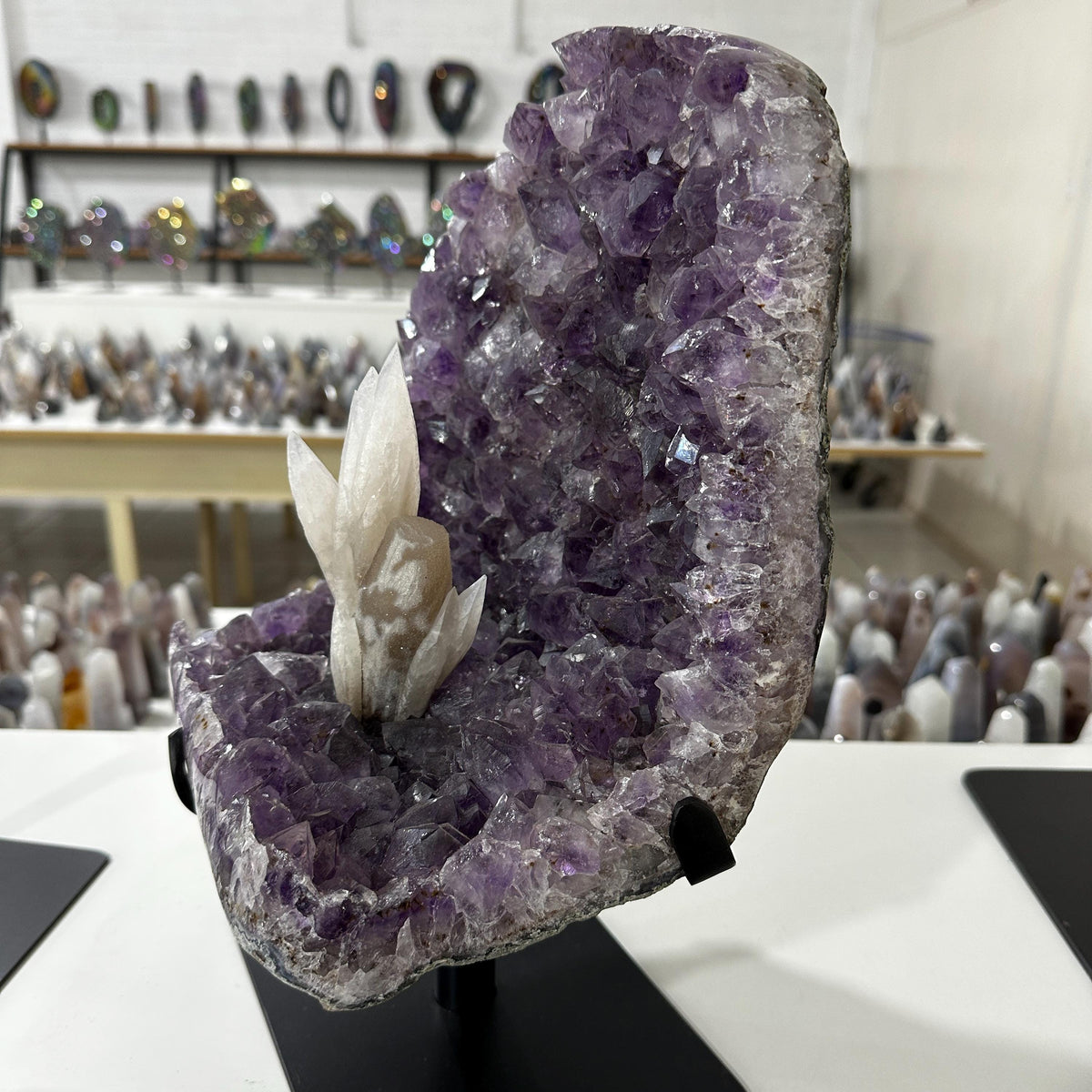 Brazilian Amethyst & Calcite Display, Natural Purple Amethyst Geode with White Calcite Crystal, Large Mineral Specimen on Metal Stand - view 10
