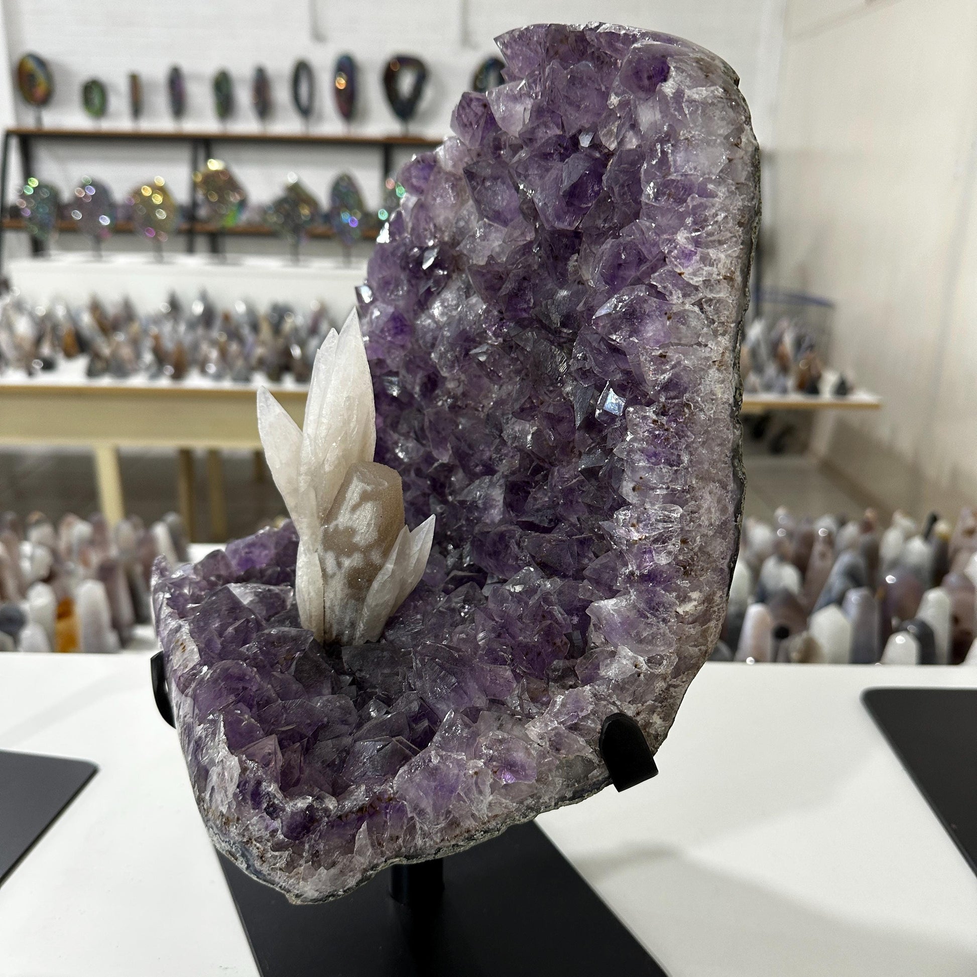 Brazilian Amethyst & Calcite Display, Natural Purple Amethyst Geode with White Calcite Crystal, Large Mineral Specimen on Metal Stand - view 10