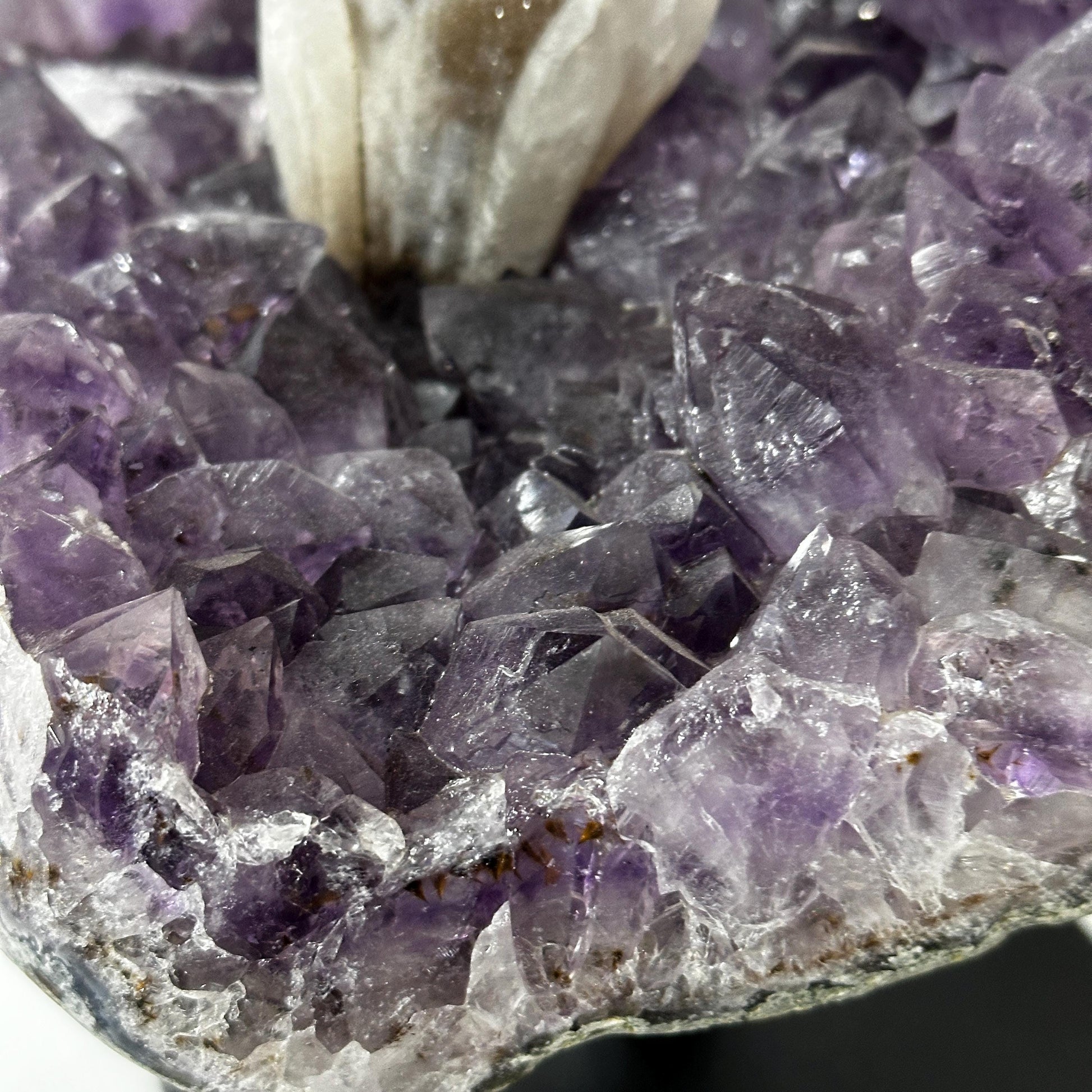 Brazilian Amethyst & Calcite Display, Natural Purple Amethyst Geode with White Calcite Crystal, Large Mineral Specimen on Metal Stand - view 9