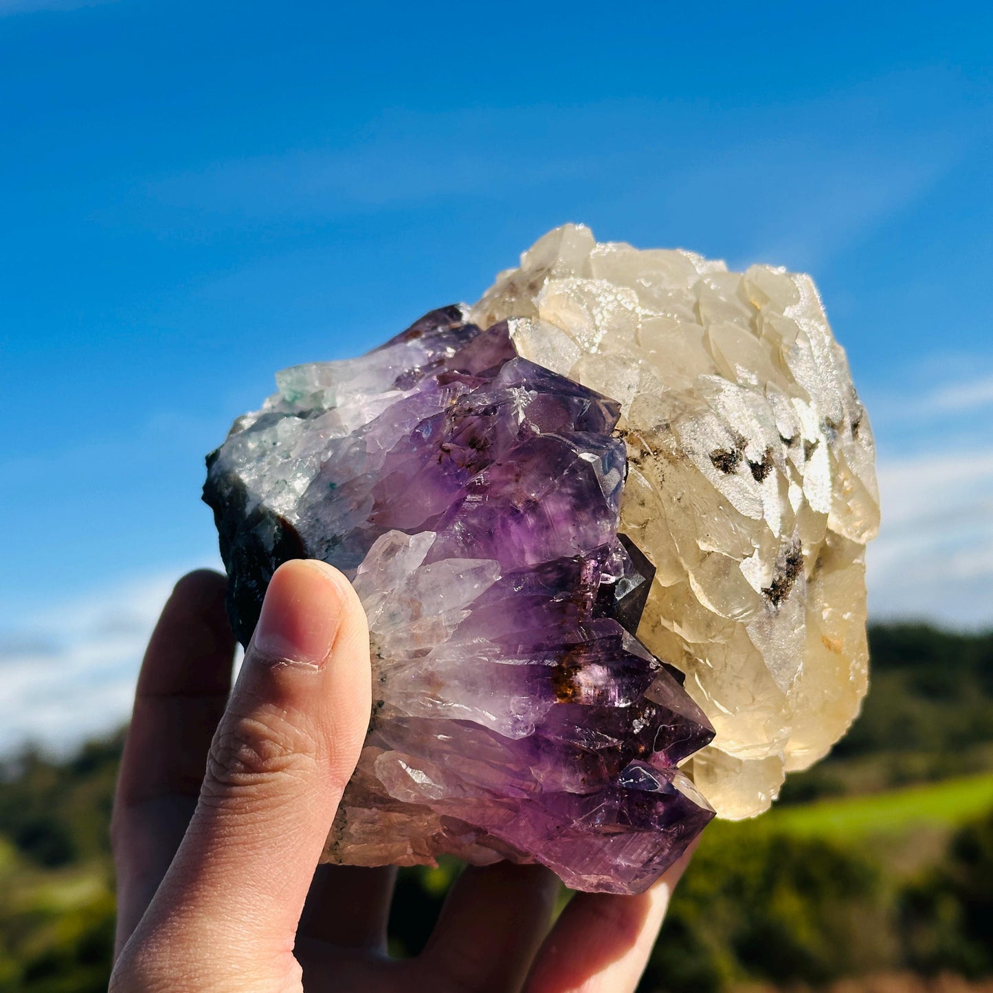 Rare High Quality Brazilian Amethyst Calcite Rutilated Quartz Cluster, One of a Kind Crystal Display Specimen