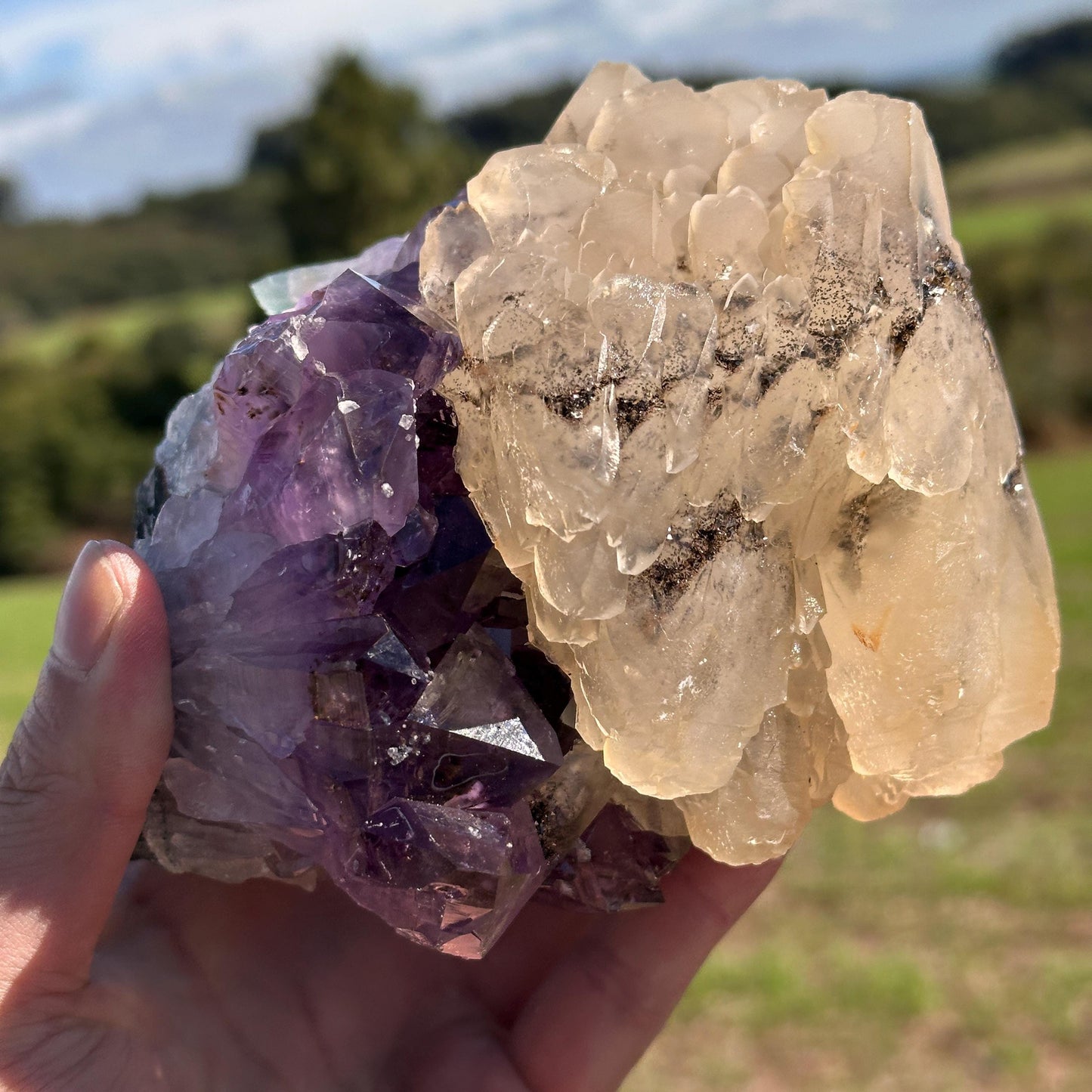 Rare High Quality Brazilian Amethyst Calcite Rutilated Quartz Cluster, One of a Kind Crystal Display Specimen