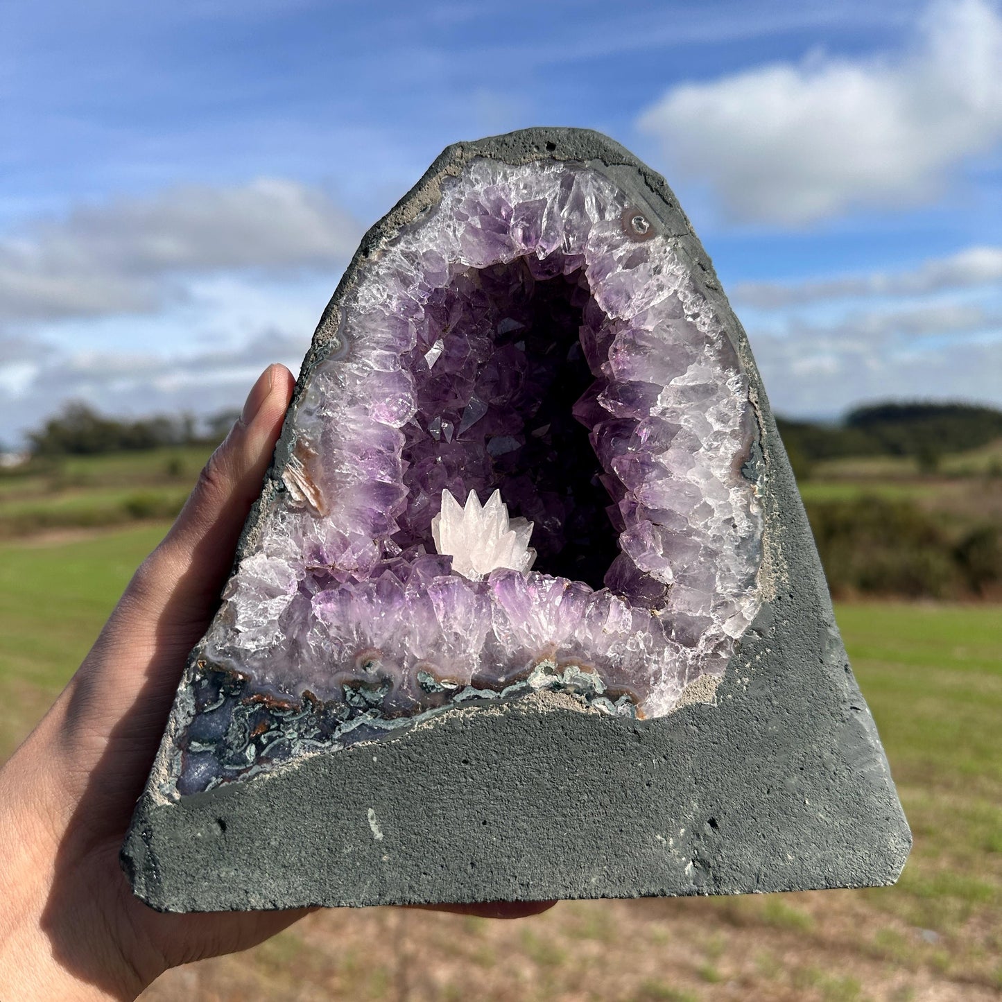 Brazilian Amethyst Geode with Calcite, Purple Crystal Cave, Natural Druzy Display, Pick Exact A-B