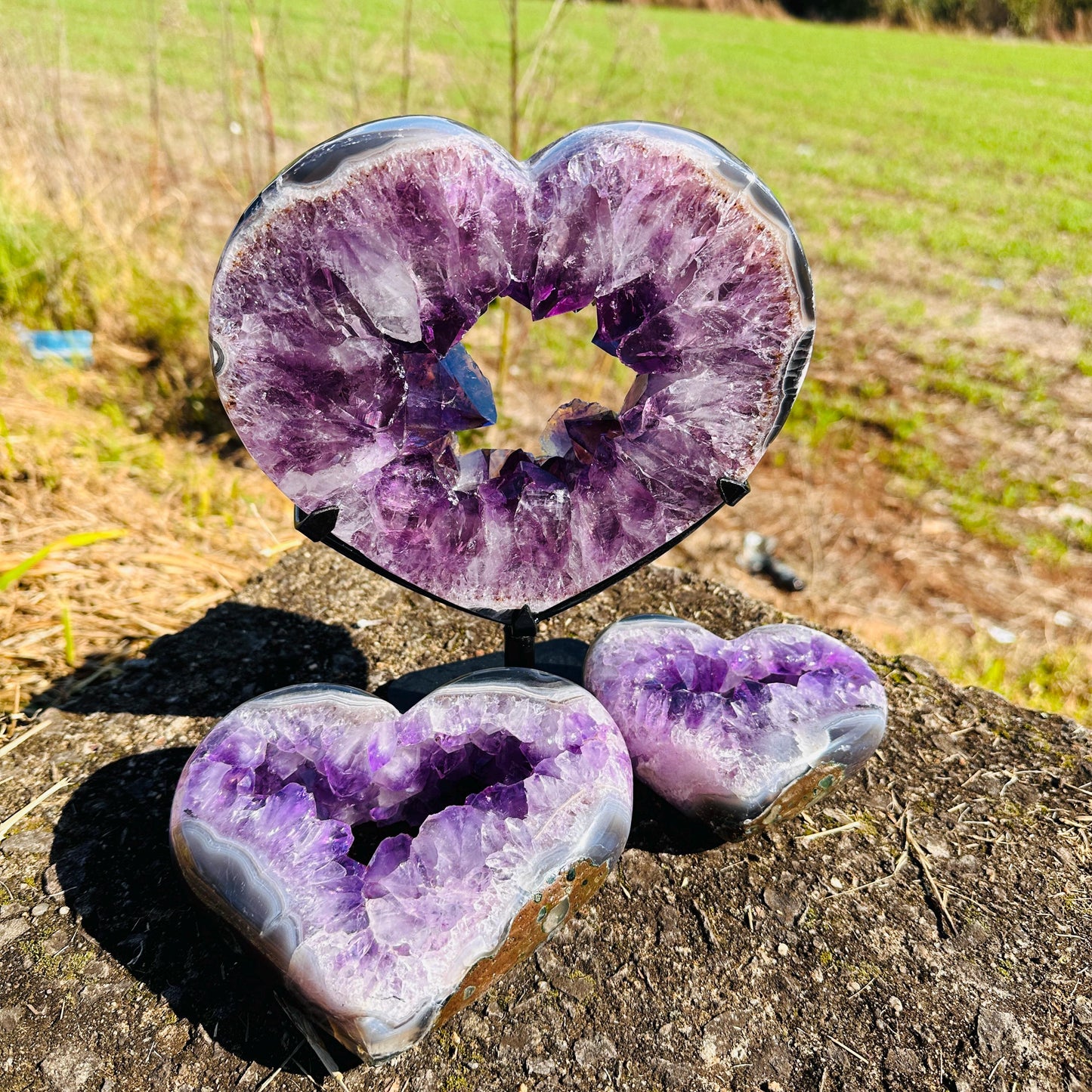 High Quality Brazilian Amethyst Heart Geode, Purple Crystal Heart with Rutile, Pick Exact A-B-C