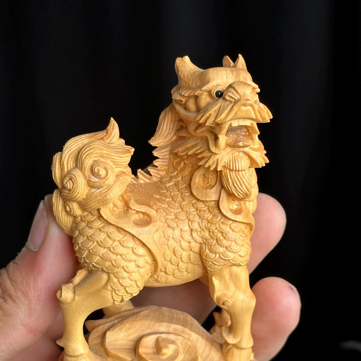 Thuja Wood Qilin Carving, Hand Carved Wooden Kirin Statue, Feng Shui Good Luck Asian Decor Gift - view 2