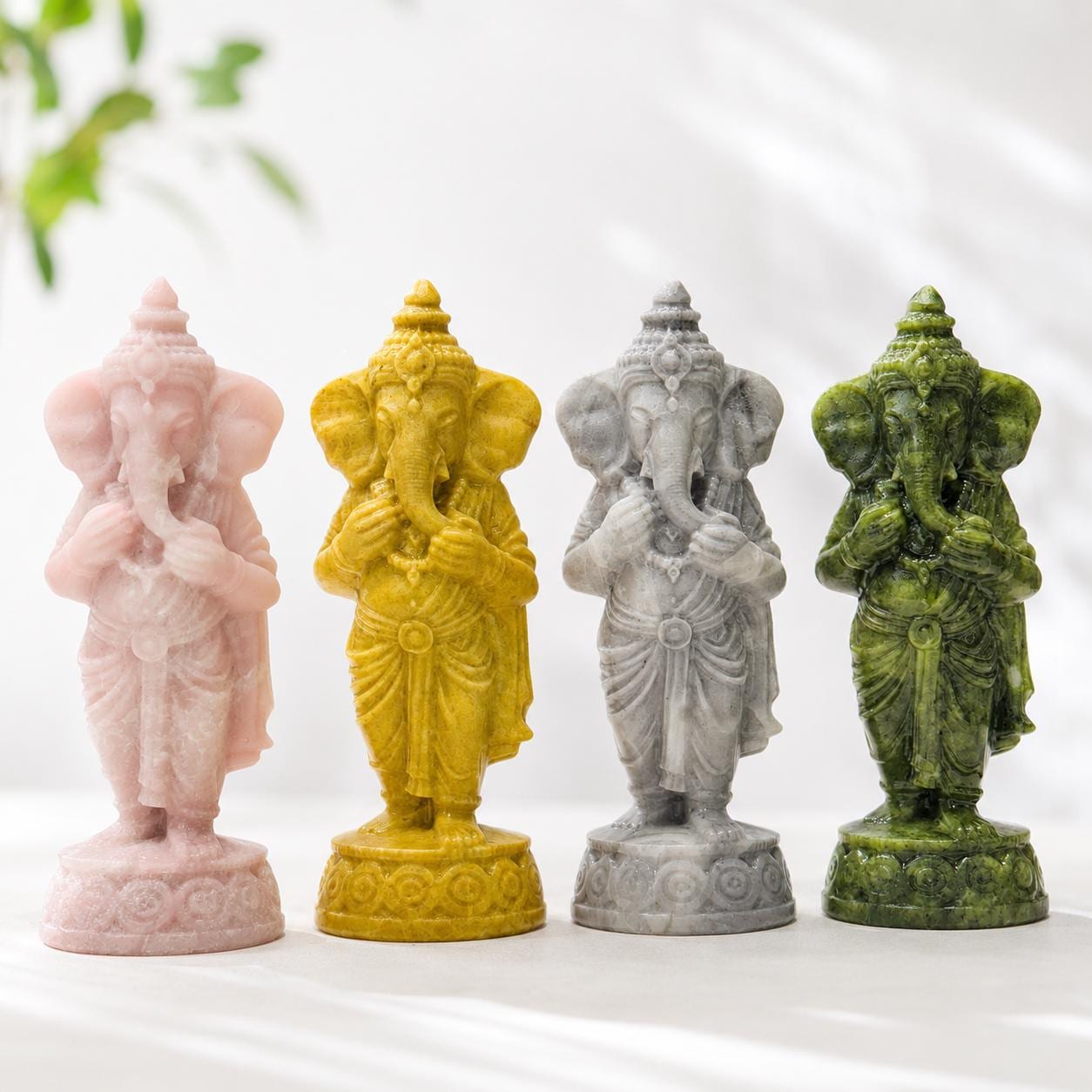 Crystal Ganesha Statue, Pink Opal Yellow Jade Fossil Coral Xiuyan Jade Elephant God Carving, Spiritual Altar Gift