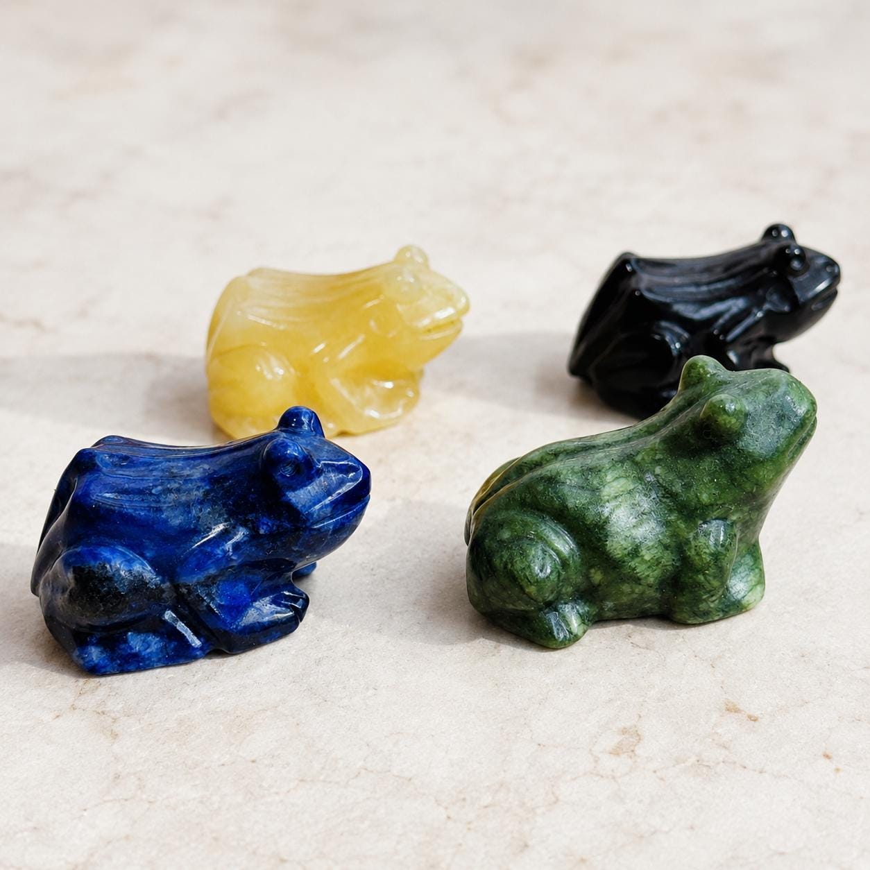 Crystal Frog Carving, Blue Vein Stone Xiuyan Jade Black Obsidian Yellow Jade Frog Figurine, Cute Animal Crystal Gift