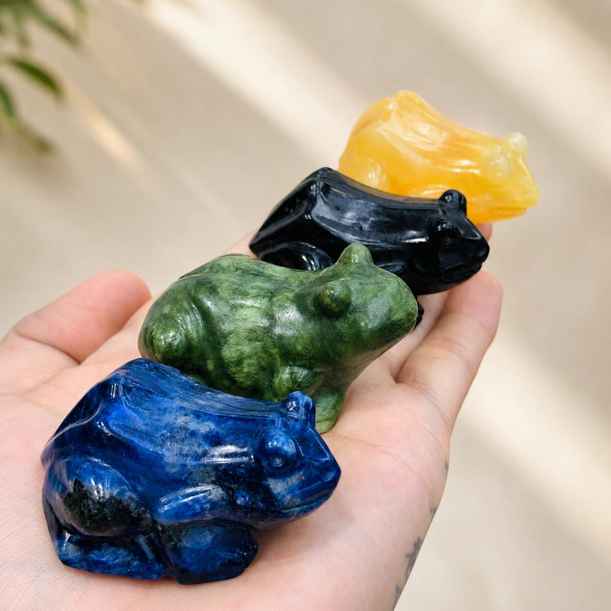 Crystal Frog Carving, Blue Vein Stone Xiuyan Jade Black Obsidian Yellow Jade Frog Figurine, Cute Animal Crystal Gift