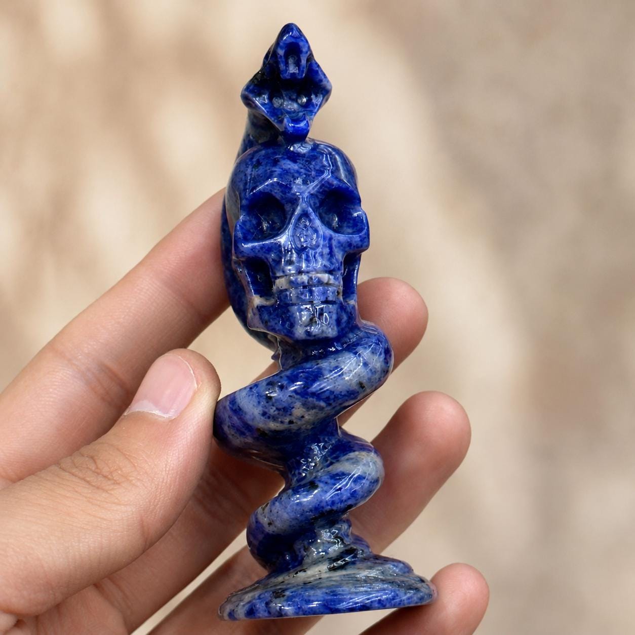 Crystal Skull Snake Carving, Lapis Lazuli Strawberry Quartz Rose Quartz Chalcopyrite Skull Serpent Statue Gift