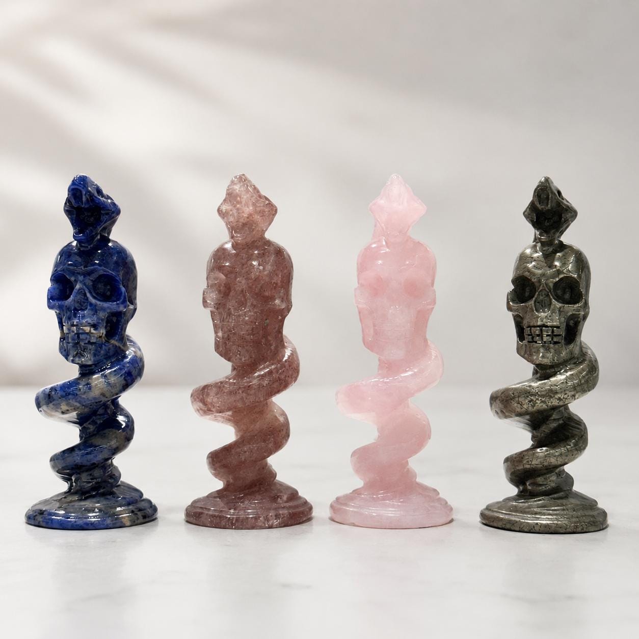 Crystal Skull Snake Carving, Lapis Lazuli Strawberry Quartz Rose Quartz Chalcopyrite Skull Serpent Statue Gift
