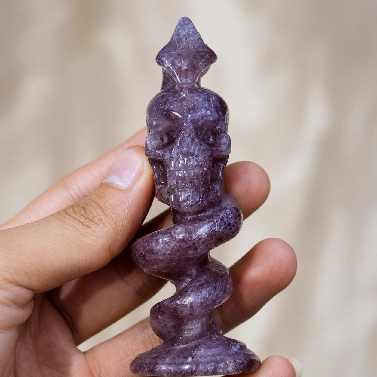Crystal Skull Snake Carving, Lapis Lazuli Strawberry Quartz Rose Quartz Chalcopyrite Skull Serpent Statue Gift