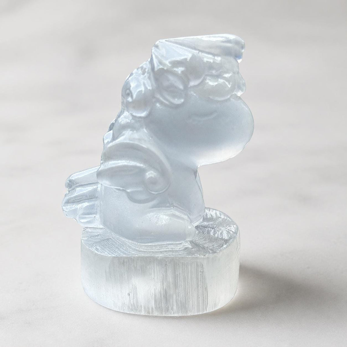 Cute Gypsum Unicorn Carving, White Selenite Style Unicorn Figurine, Fantasy Crystal Decor Gift - view 1